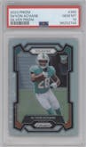 De'Von Achane from the 2023 Panini Prizm set featuring a Silver Prizm parallel graded by PSA and given an overall grade of 10.
