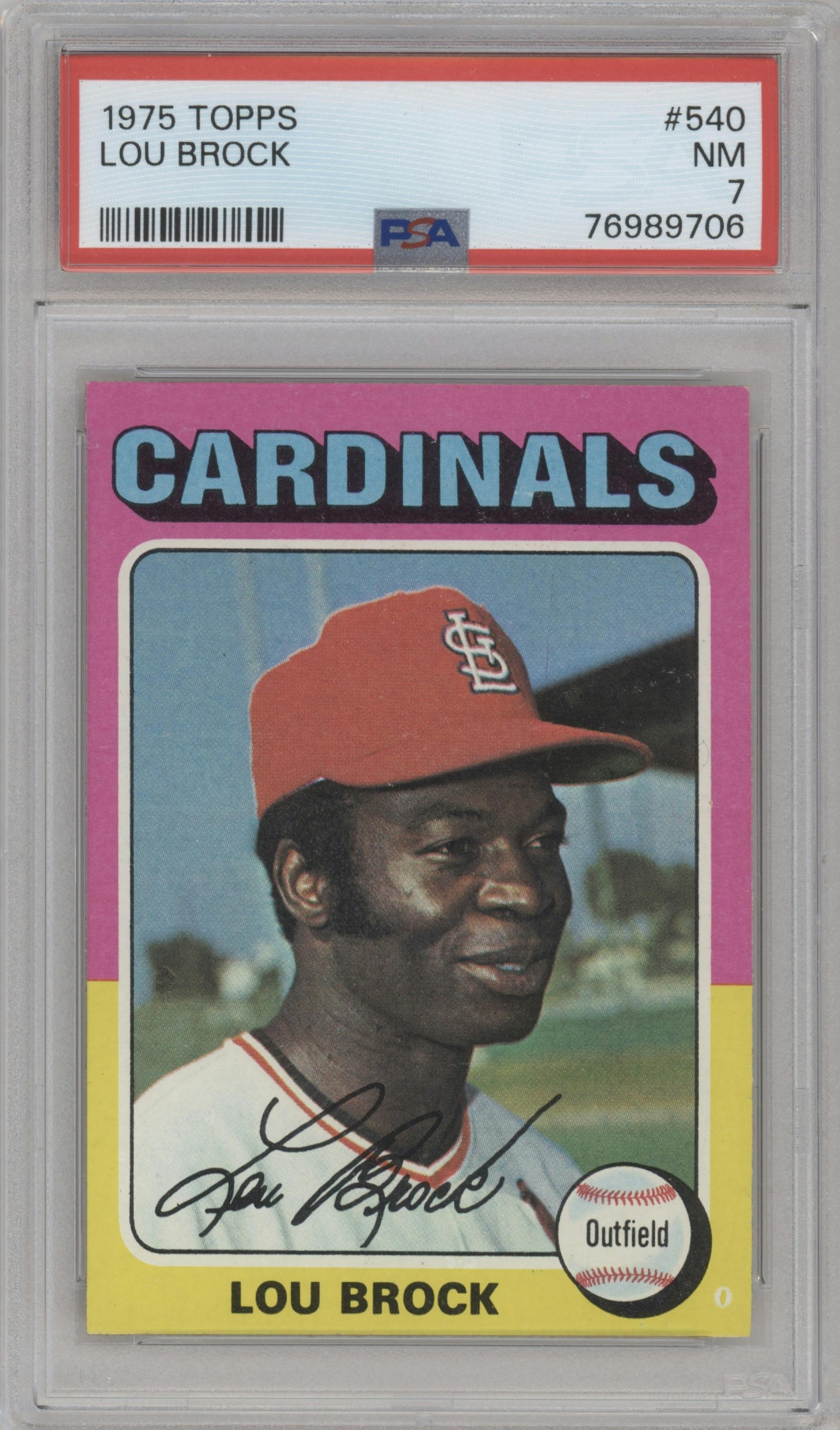 Lou Brock from the 1975 Topps set graded by PSA and given an overall grade of 7.