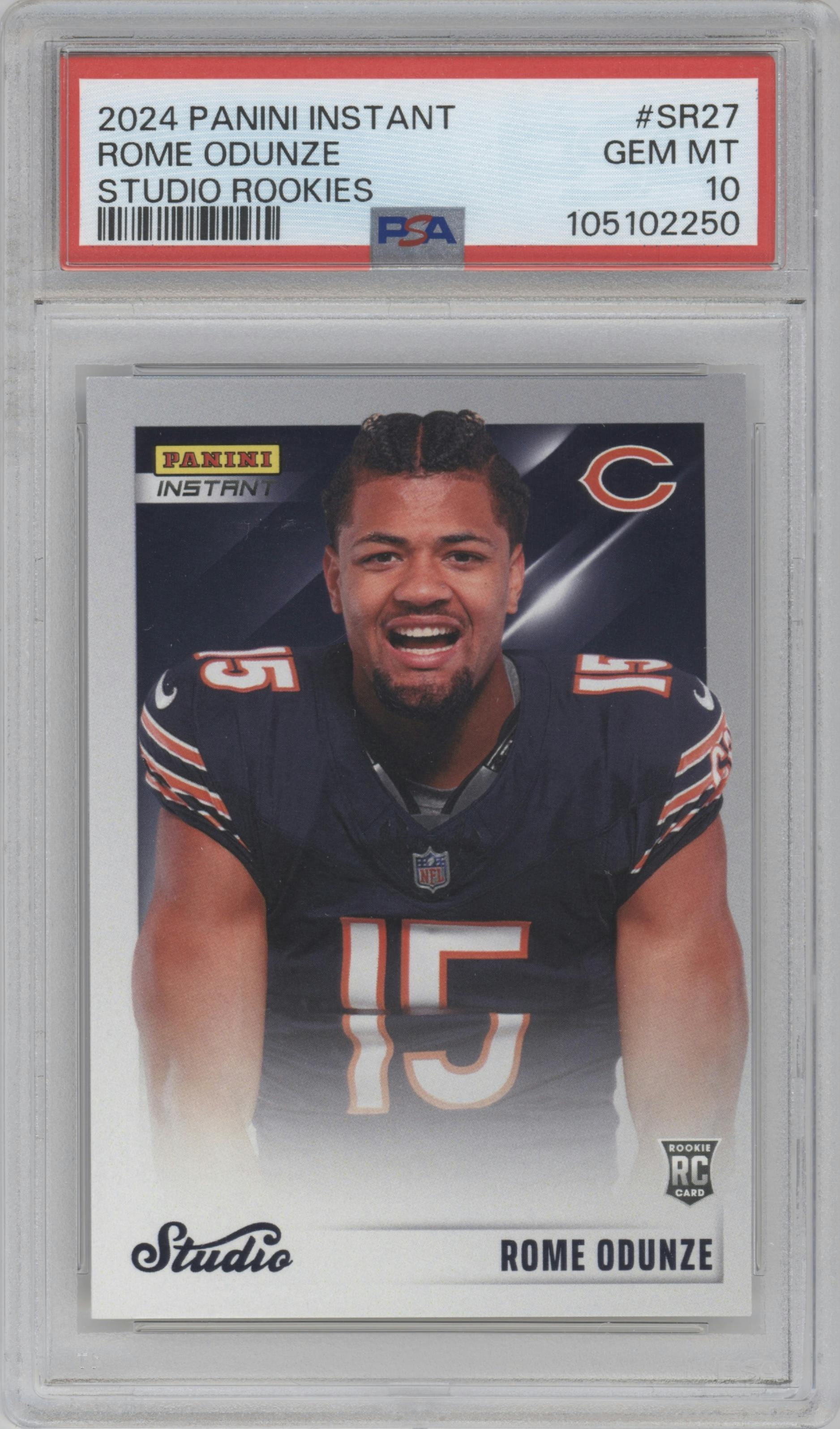 Rome Odunze from the 2024 Panini Instant NFL Studio Rookies set graded by PSA and given an overall grade of 10.