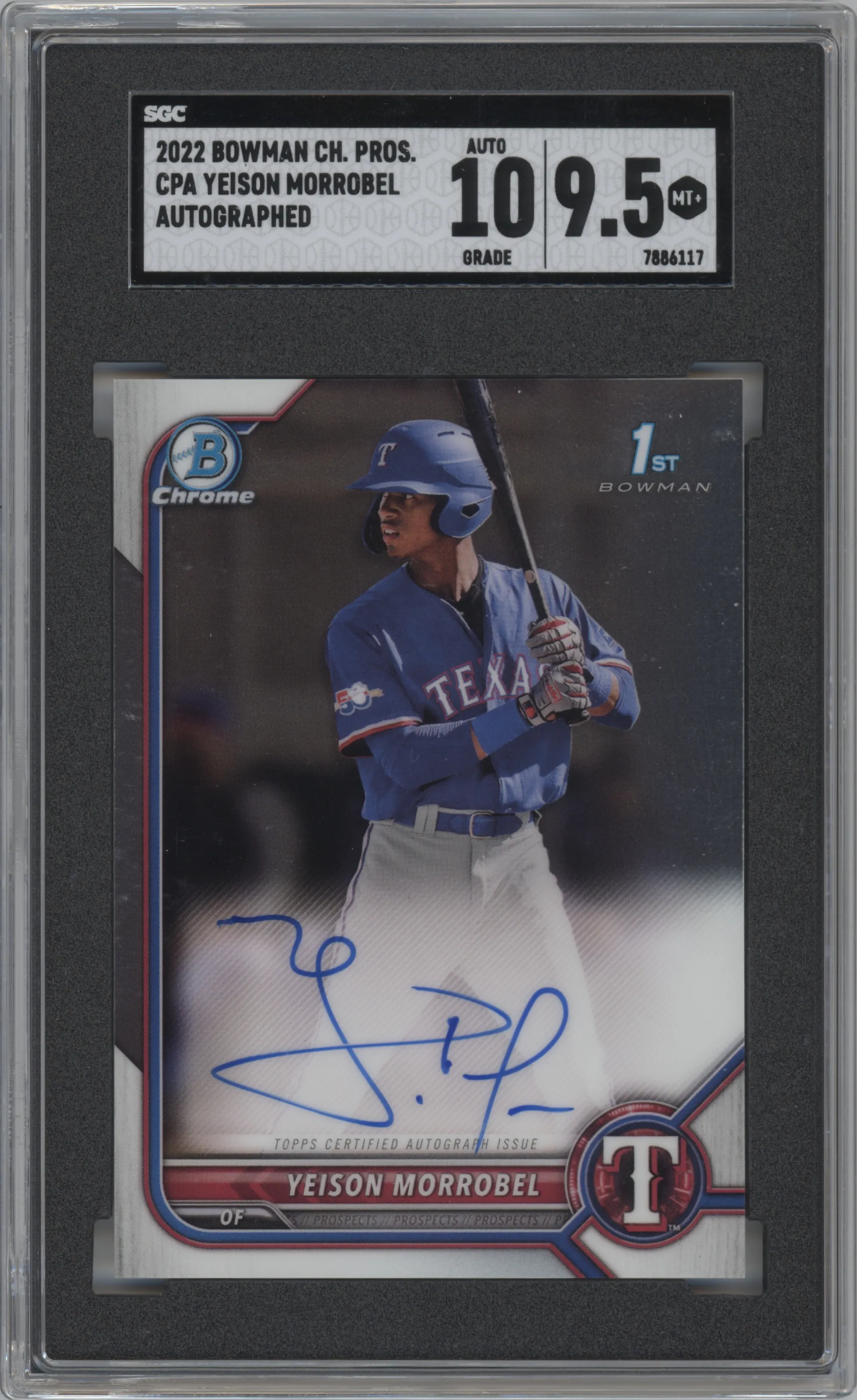 Yeison Morrobel from the 2022 Bowman Chrome set graded by SGC and given an overall grade of 9.5.