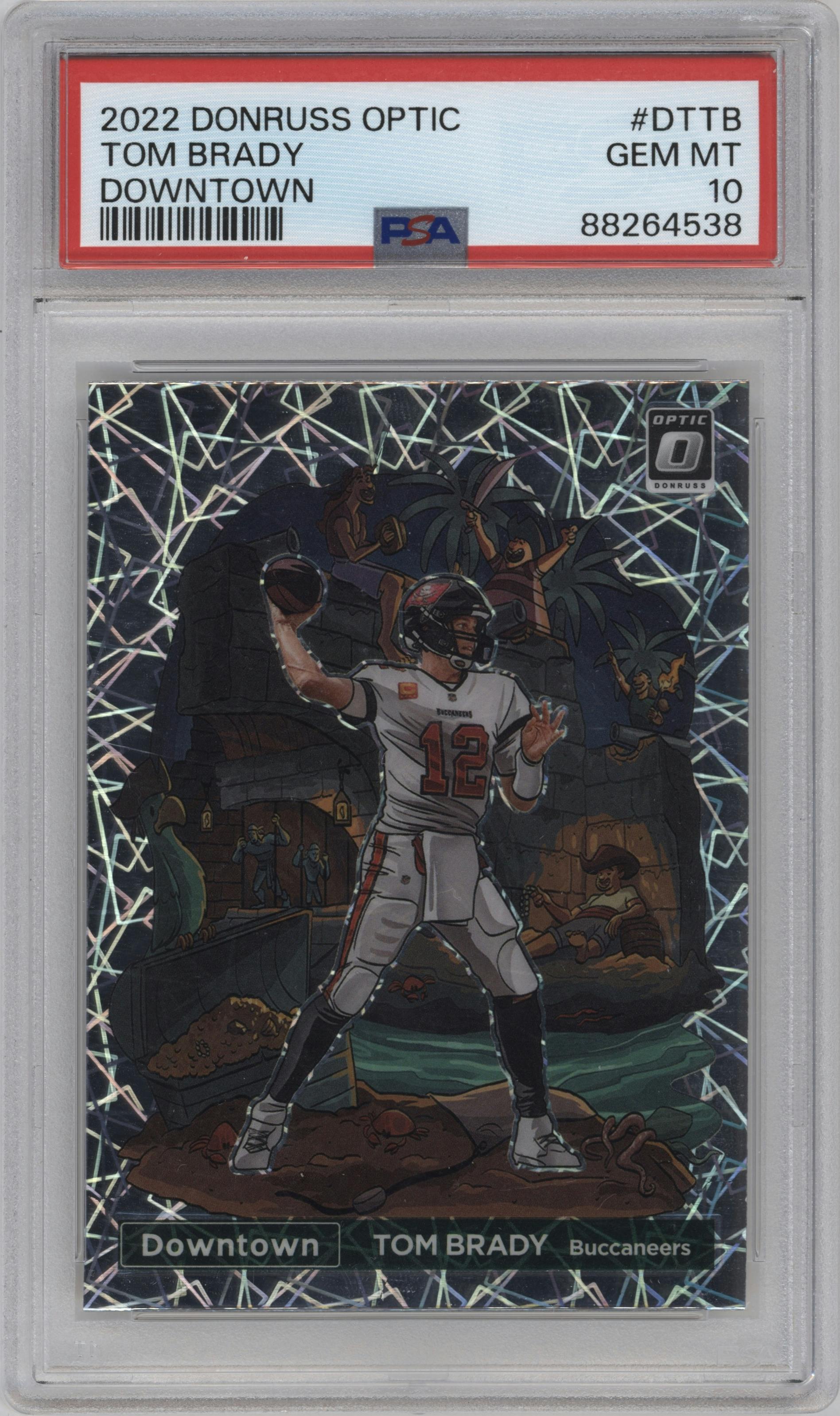 Tom Brady from the 2022 Panini Donruss Optic set graded by PSA and given an overall grade of 10.