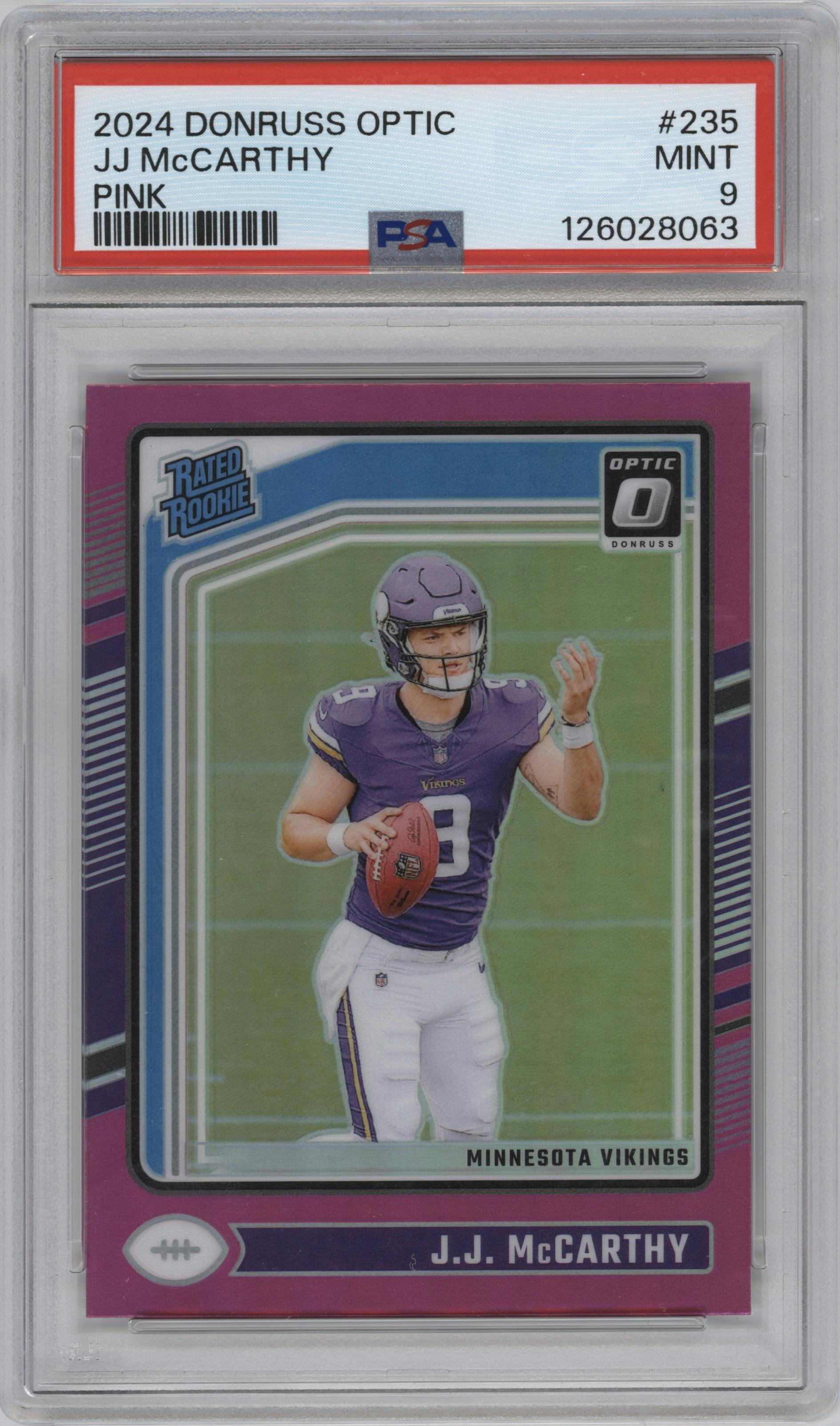 J.J. McCarthy from the 2024 Donruss Optic set featuring a Pink parallel graded by PSA and given an overall grade of 9.