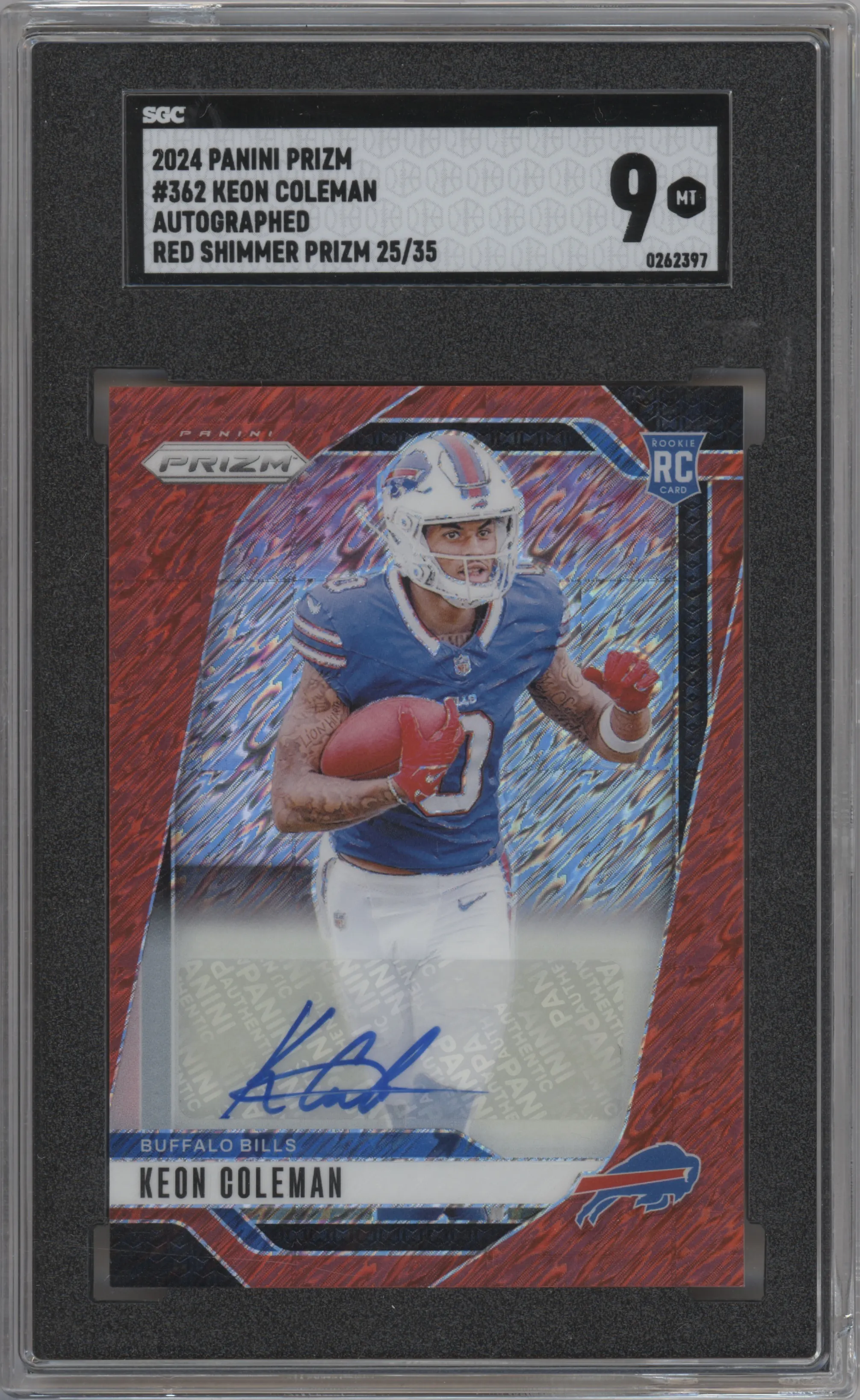 Keon Coleman from the 2024 Panini Prizm set featuring a Red Shimmer parallel graded by SGC and given an overall grade of 9.