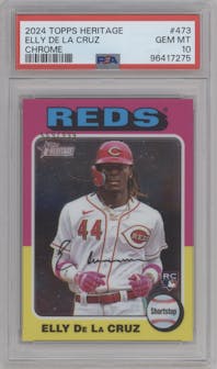 Elly De La Cruz from the 2024 Topps Heritage set featuring a Chrome parallel graded by PSA and given an overall grade of 10.