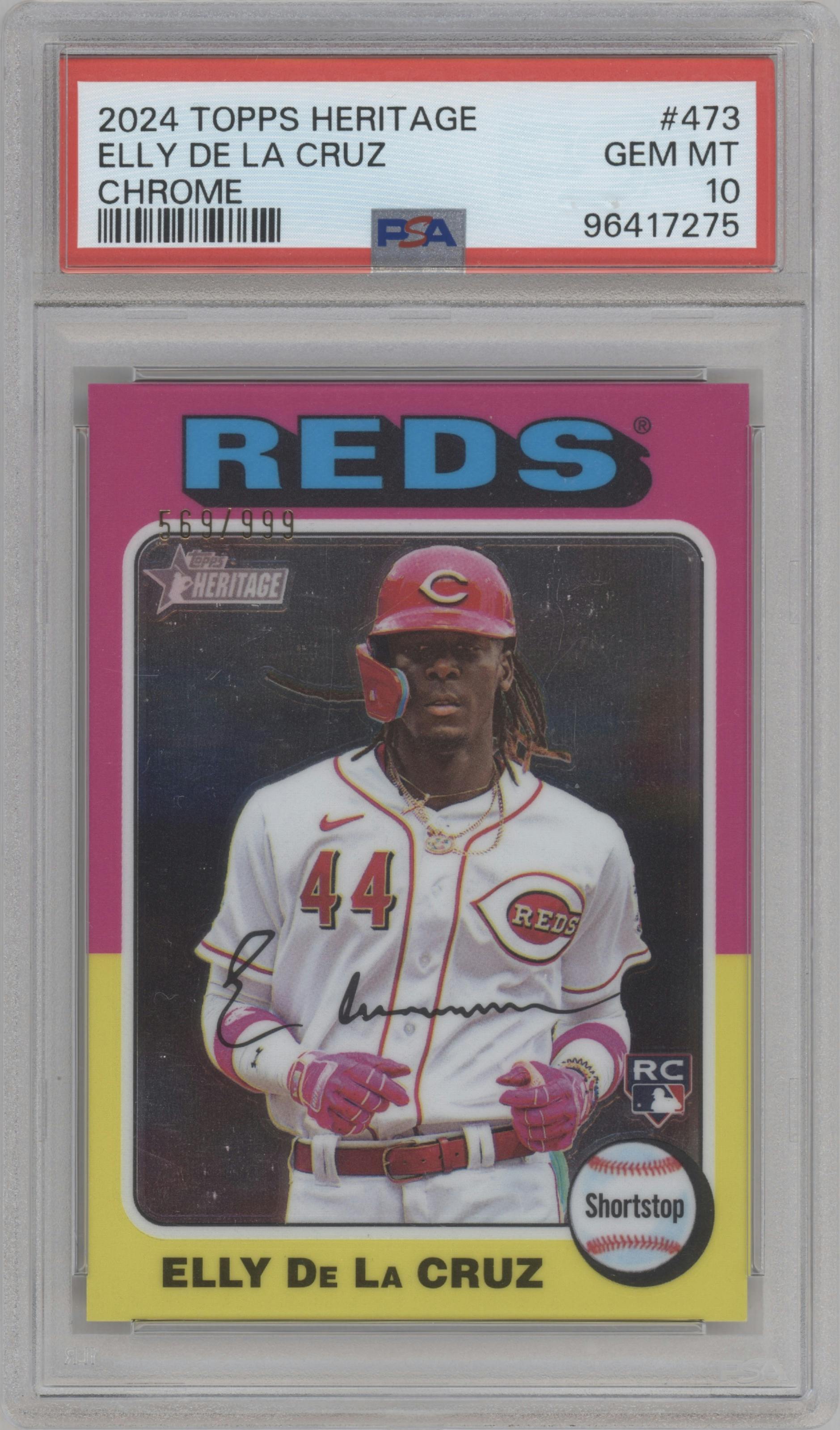 Elly De La Cruz from the 2024 Topps Heritage set featuring a Chrome parallel graded by PSA and given an overall grade of 10.