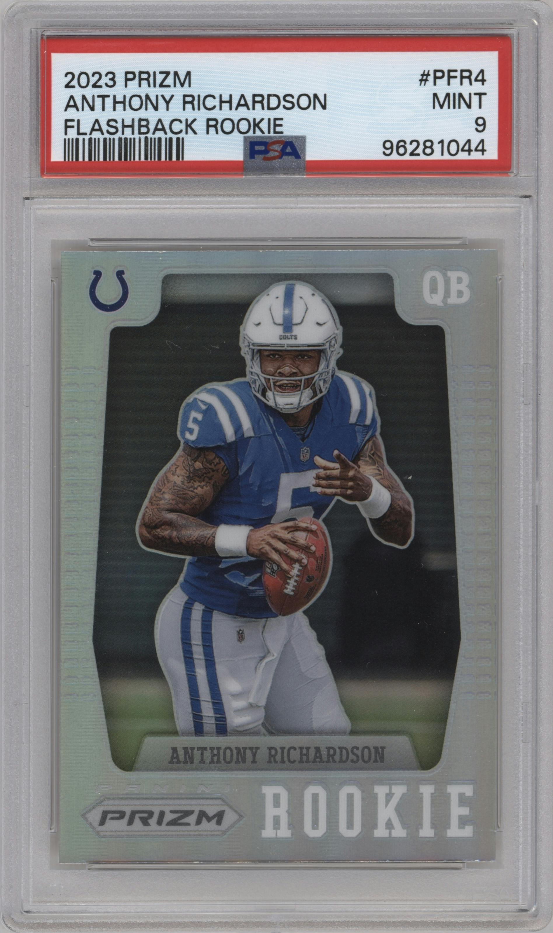 Anthony Richardson from the 2023 Panini Prizm set graded by PSA and given an overall grade of 9.