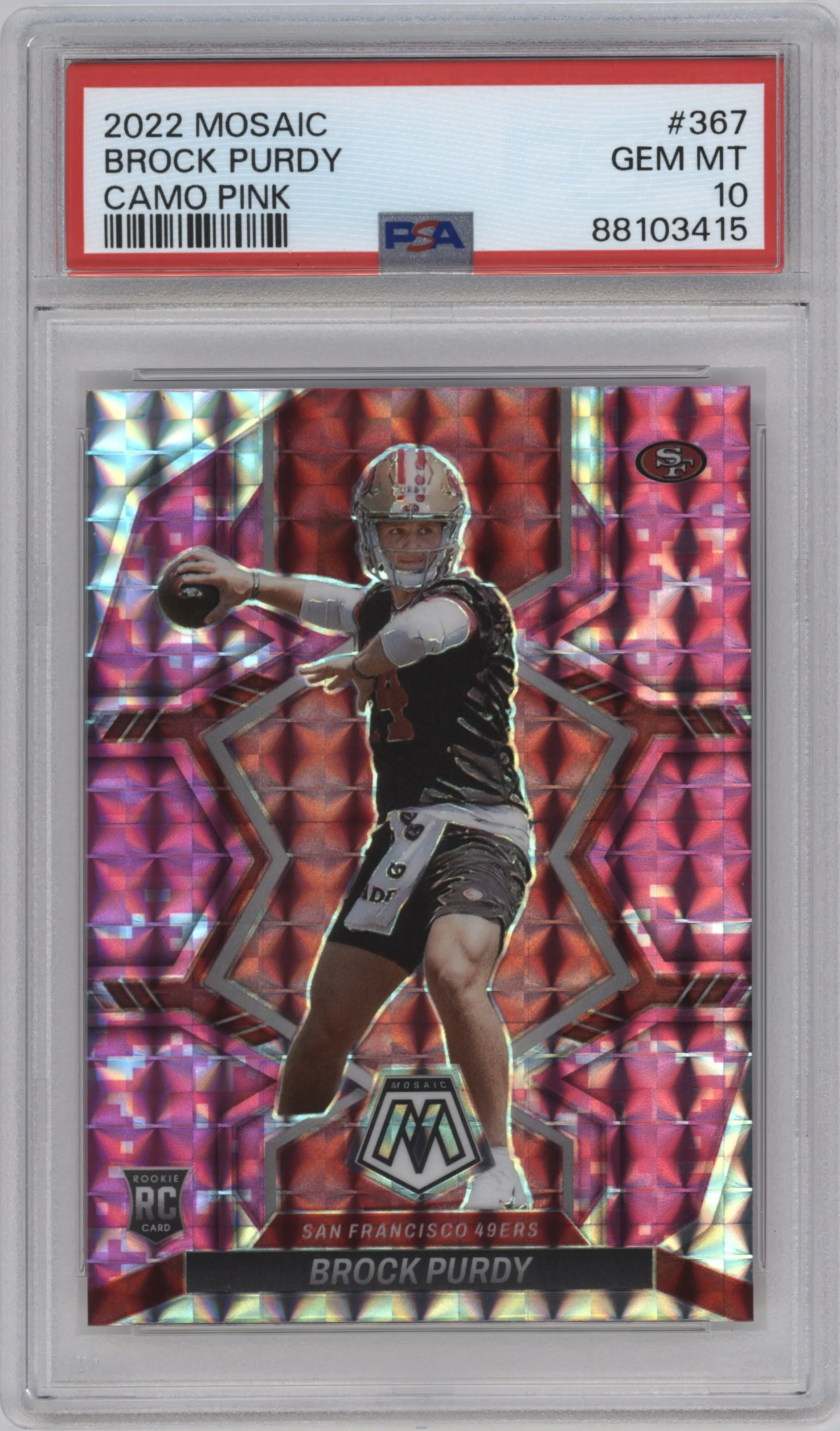 Brock Purdy from the 2022 Panini Mosaic set featuring a Pink Camo parallel graded by PSA and given an overall grade of 10.