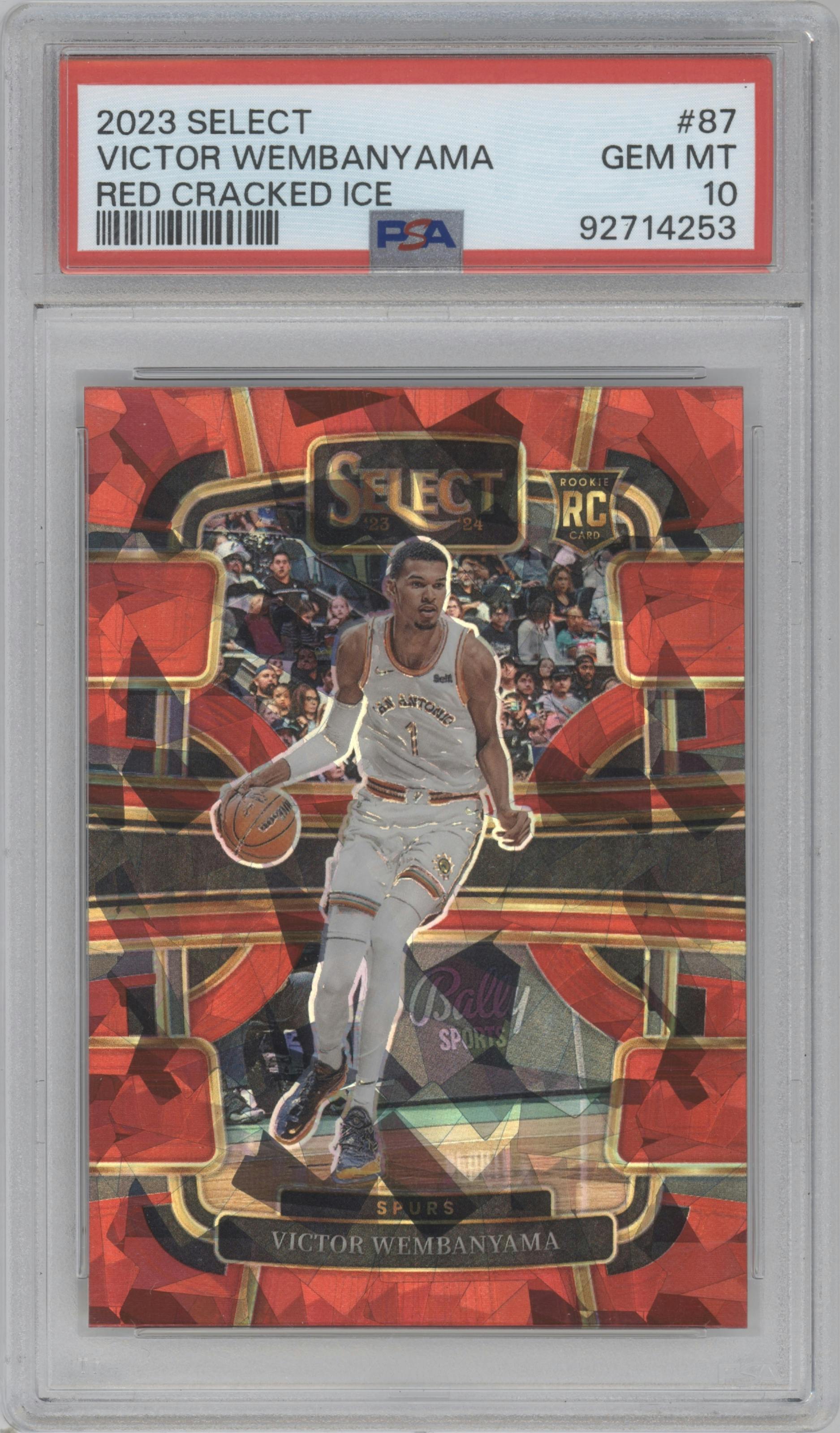 Victor Wembanyama from the 2023-24 Panini Select  set featuring a Red Cracked Ice parallel graded by PSA and given an overall grade of 10.