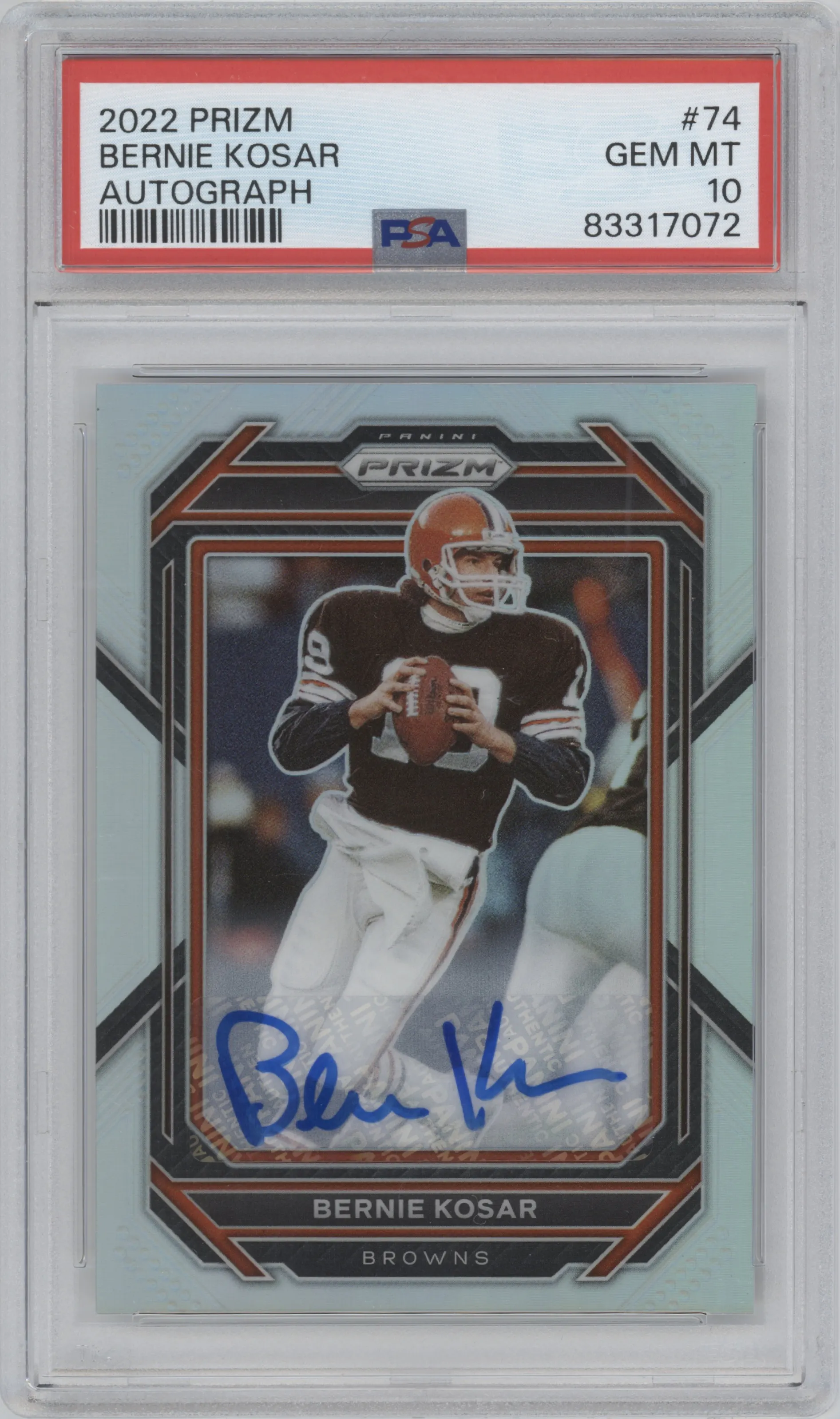 Bernie Kosar from the 2022 Panini Prizm set graded by PSA and given an overall grade of 10.