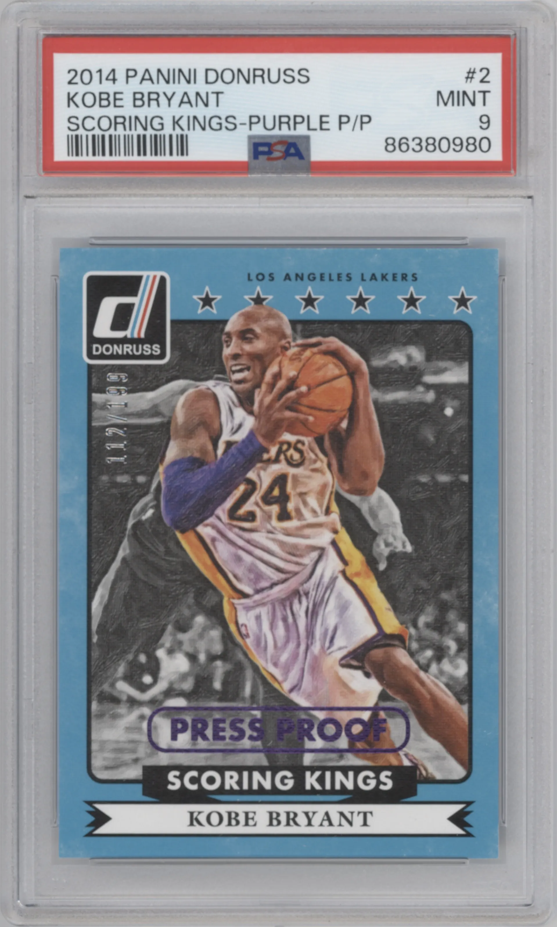 Kobe Bryant from the 2014-15 Panini Donruss  set featuring a Press Proof Purple parallel graded by PSA and given an overall grade of 9.