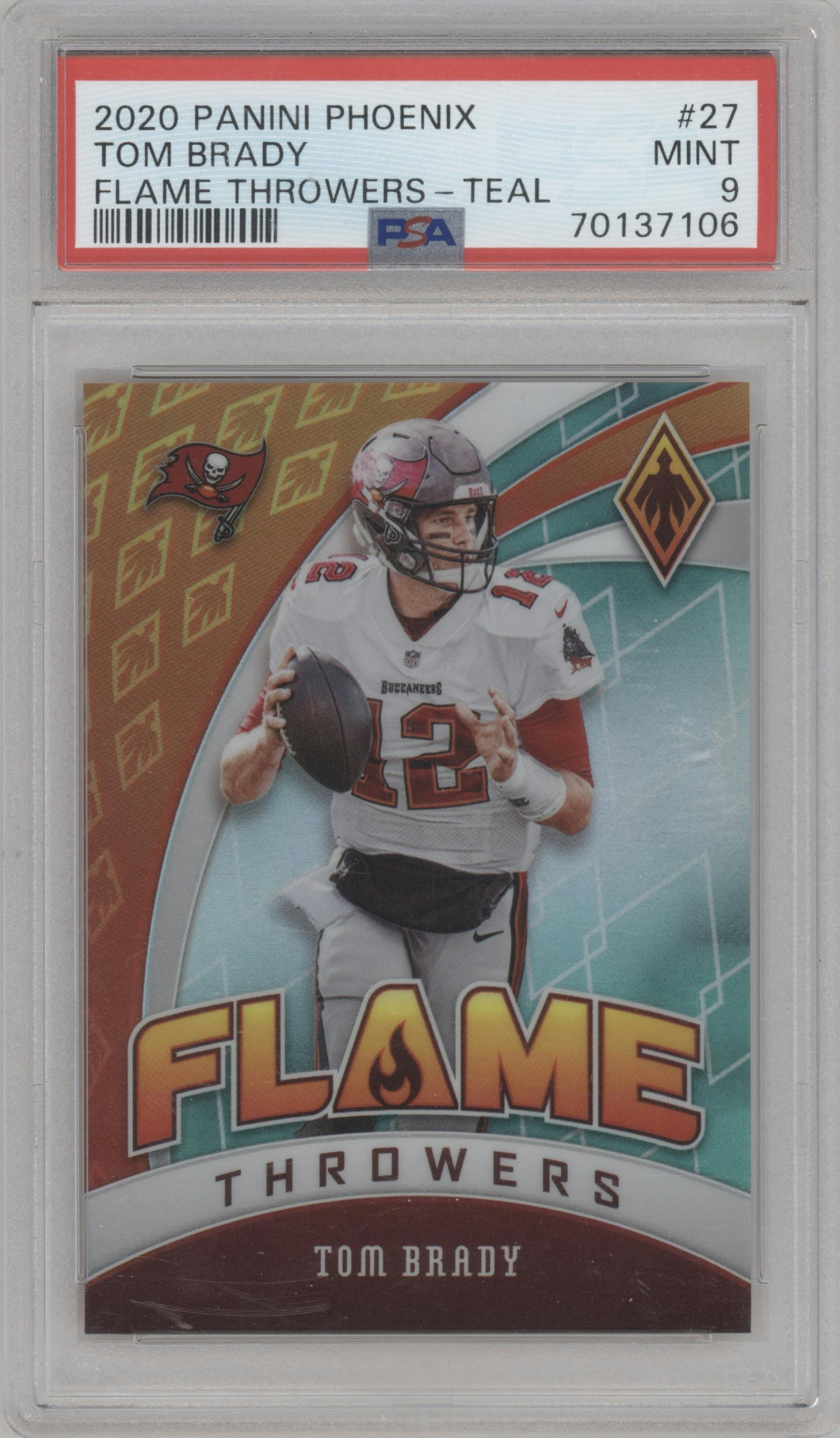 Tom Brady from the 2020 Panini Phoenix set featuring a Teal parallel graded by PSA and given an overall grade of 9.