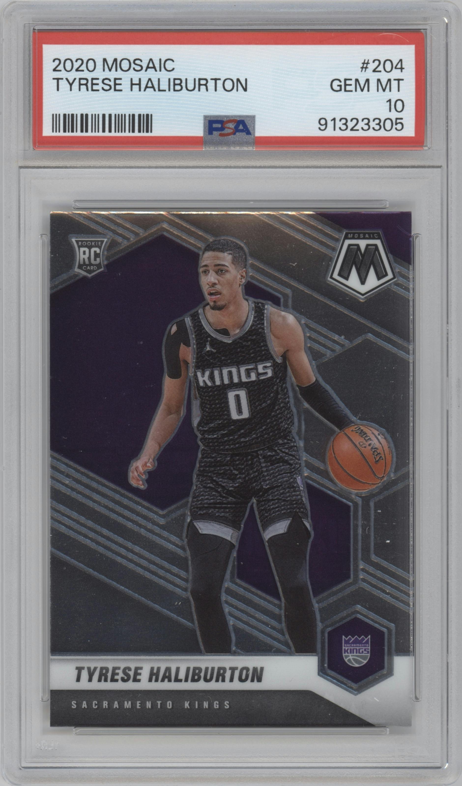 Tyrese Haliburton from the 2020-21 Panini Mosaic set graded by PSA and given an overall grade of 10.