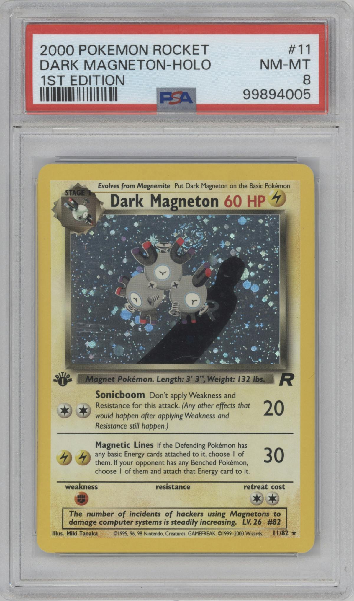 Dark Magneton from the 2000 Pokemon set graded by PSA and given an overall grade of 8.