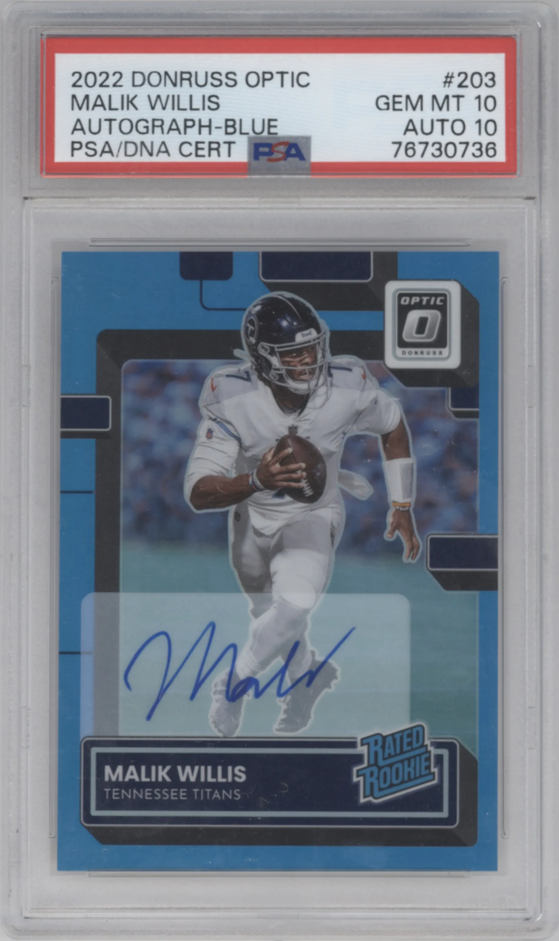 Malik Willis from the 2022 Panini Donruss Optic set featuring a Blue  parallel graded by PSA and given an overall grade of 10.