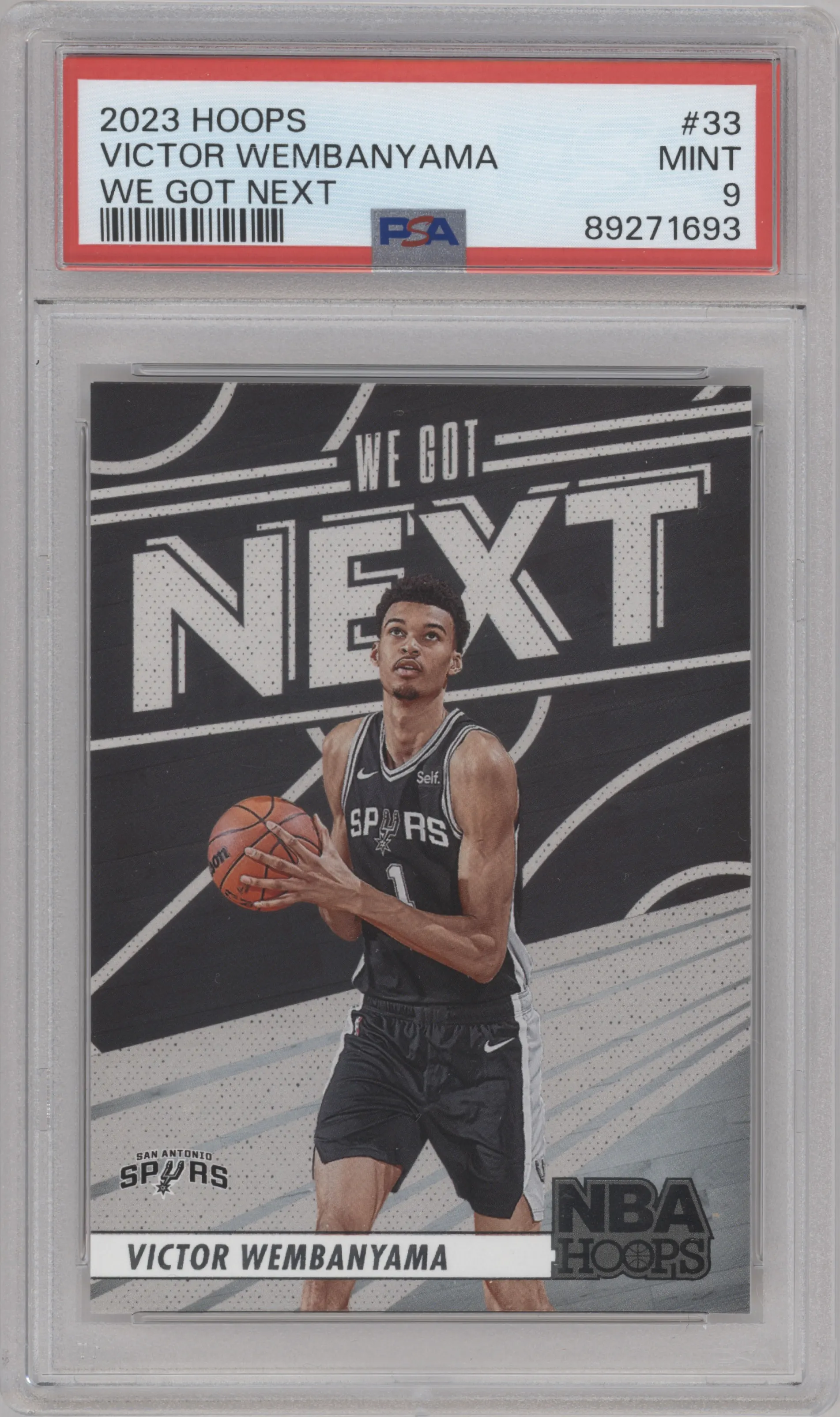 Victor Wembanyama from the 2023-24 Panini NBA Hoops set graded by PSA and given an overall grade of 9.