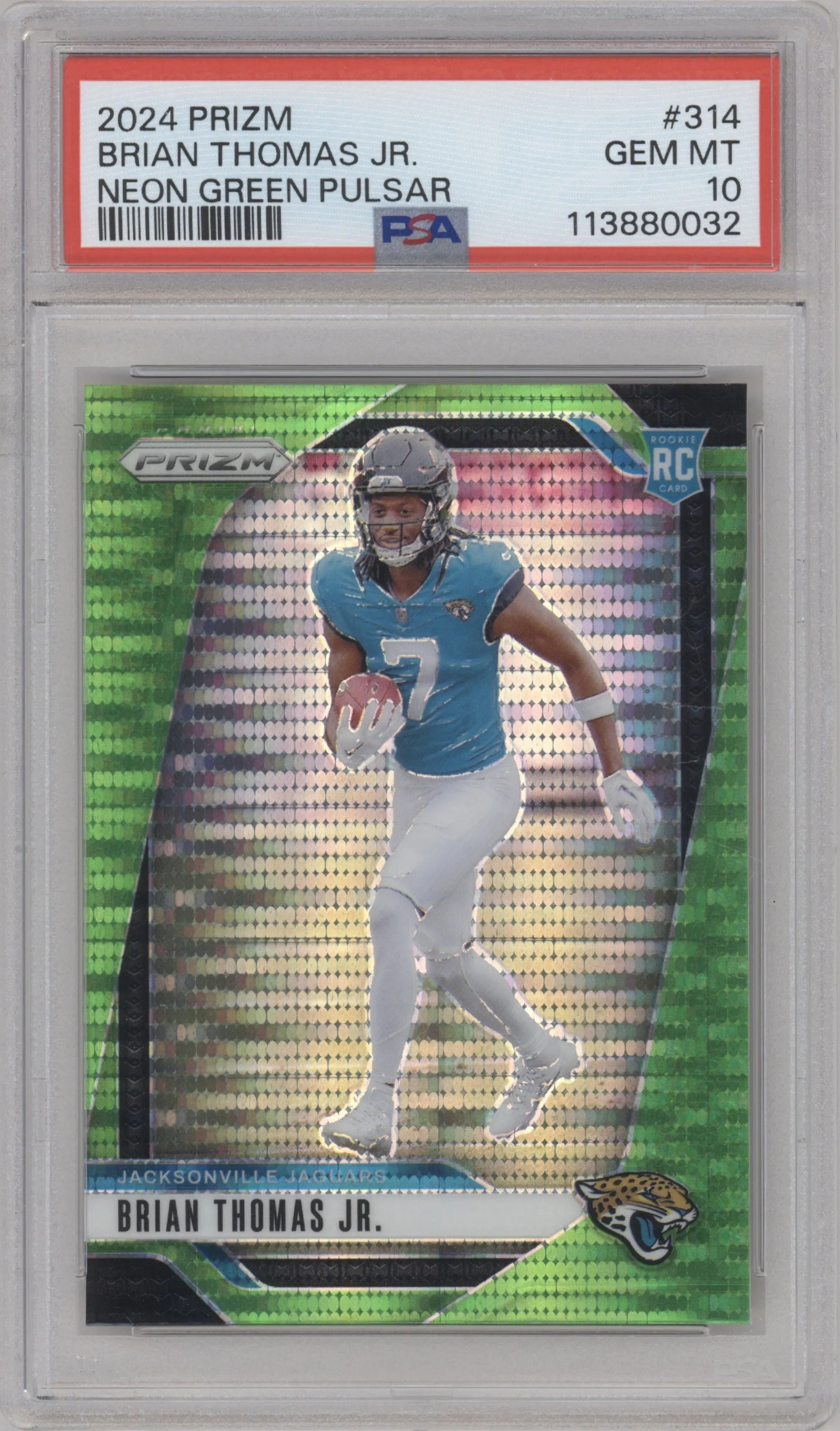 Brian Thomas Jr. from the 2024 Panini Prizm set featuring a Neon Green Pulsar  parallel graded by PSA and given an overall grade of 10.
