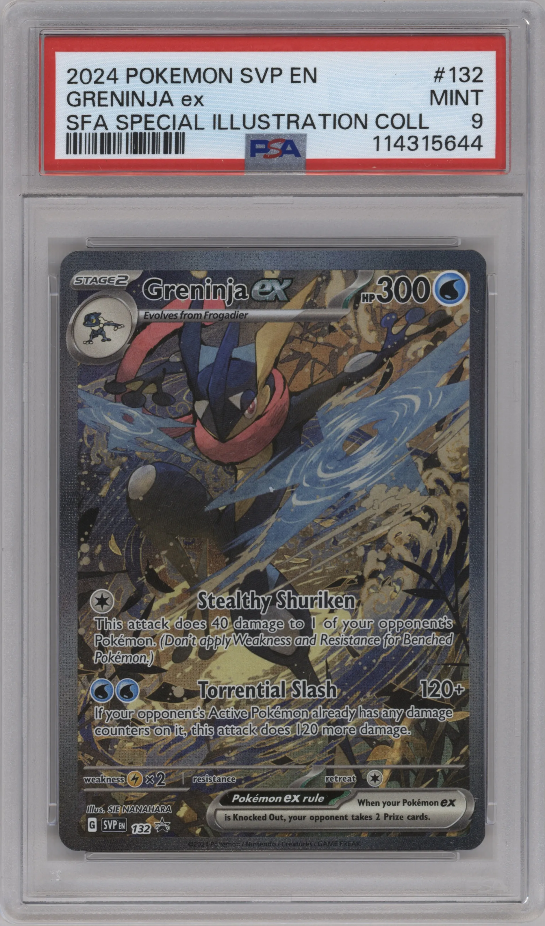 Greninja ex from the 2024 Pokemon SV set featuring a Shrouded Fable Greninja ex Special Illustration Collection parallel graded by PSA and given an overall grade of 9.