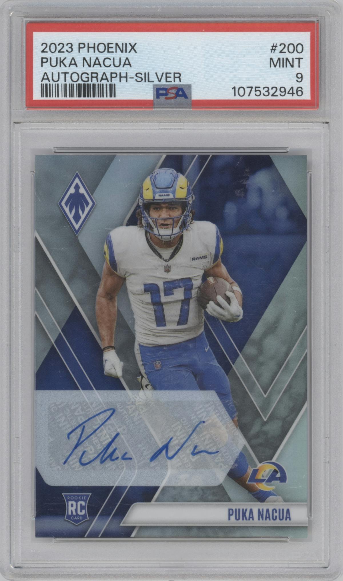 Puka Nacua from the 2023 Panini Phoenix set featuring a Silver parallel graded by PSA and given an overall grade of 9.