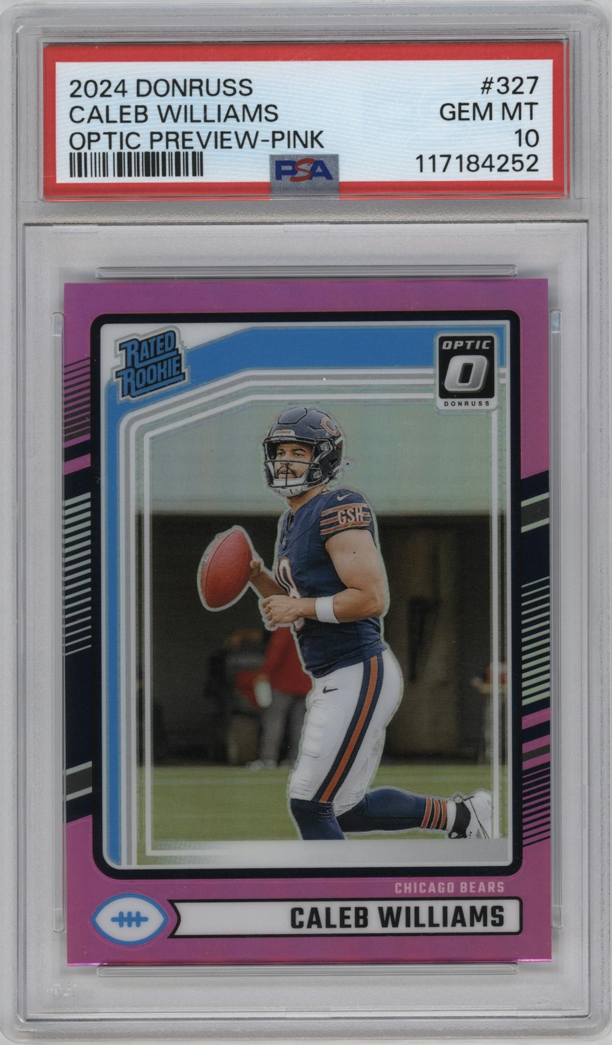 Caleb Williams from the 2024 Donruss set featuring a Pink parallel graded by PSA and given an overall grade of 10.