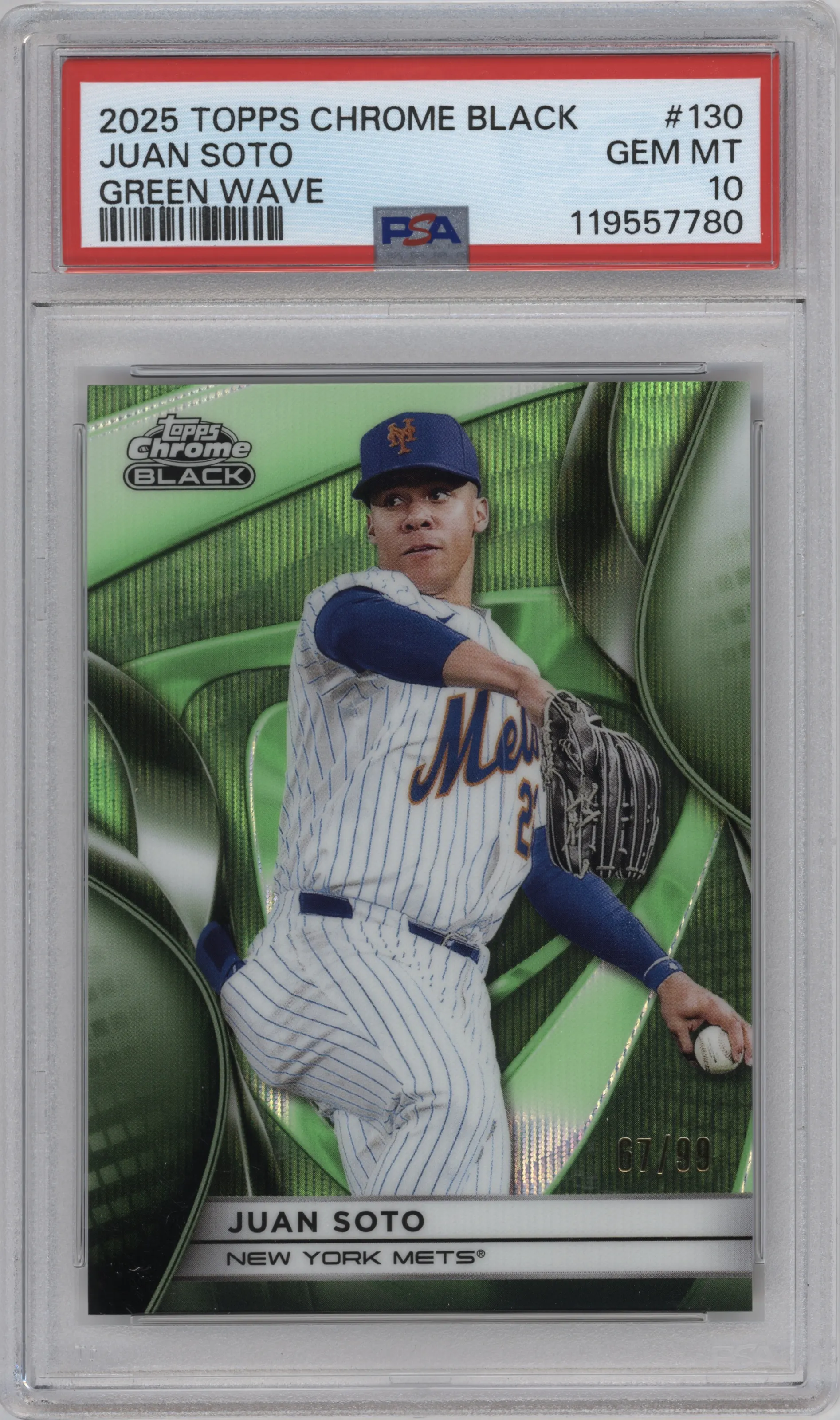 Juan Soto from the 2025 Topps Chrome Black set featuring a Green Wave Refractor parallel graded by PSA and given an overall grade of 10.