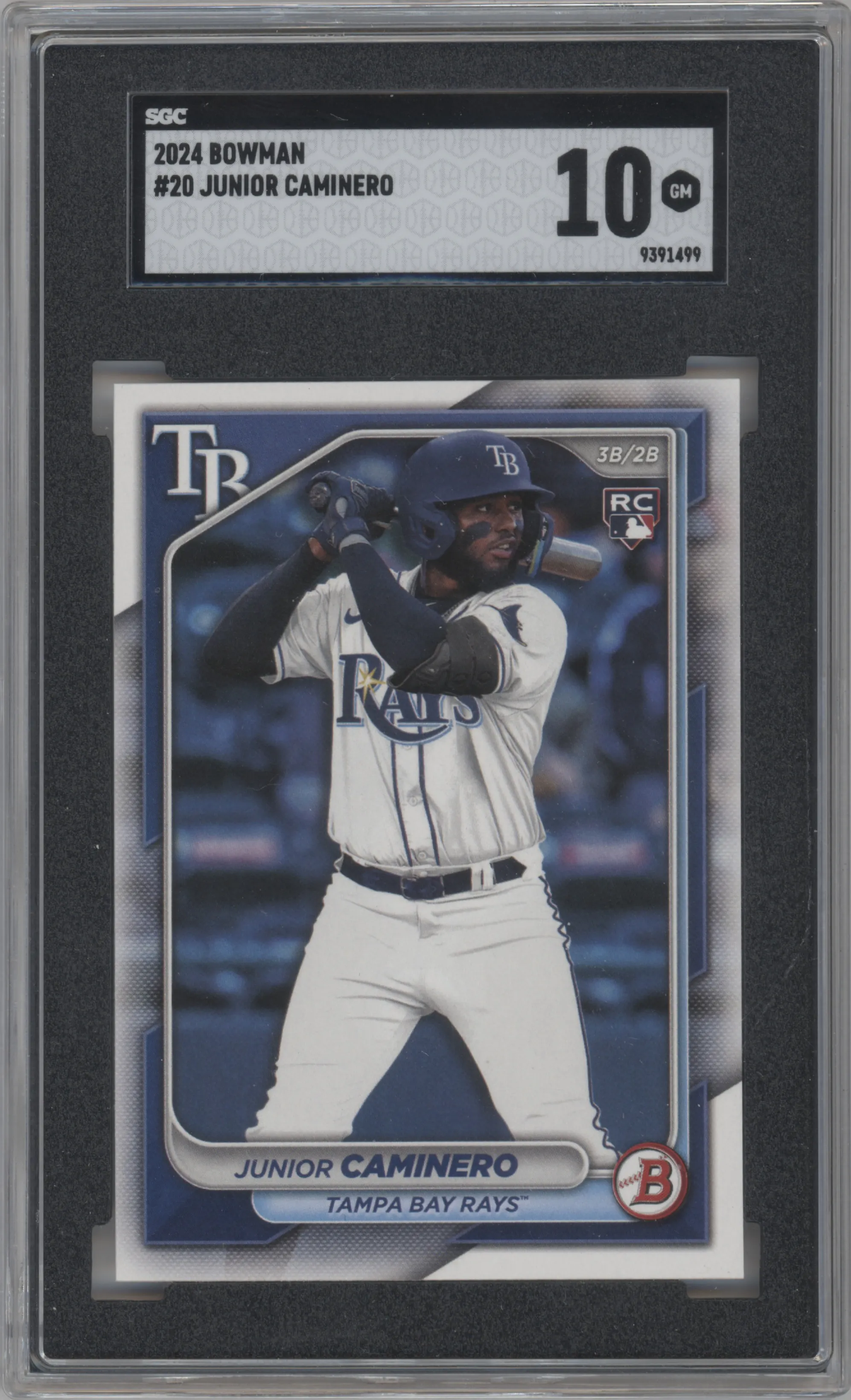 Junior Caminero from the 2024 Bowman set graded by SGC and given an overall grade of 10.
