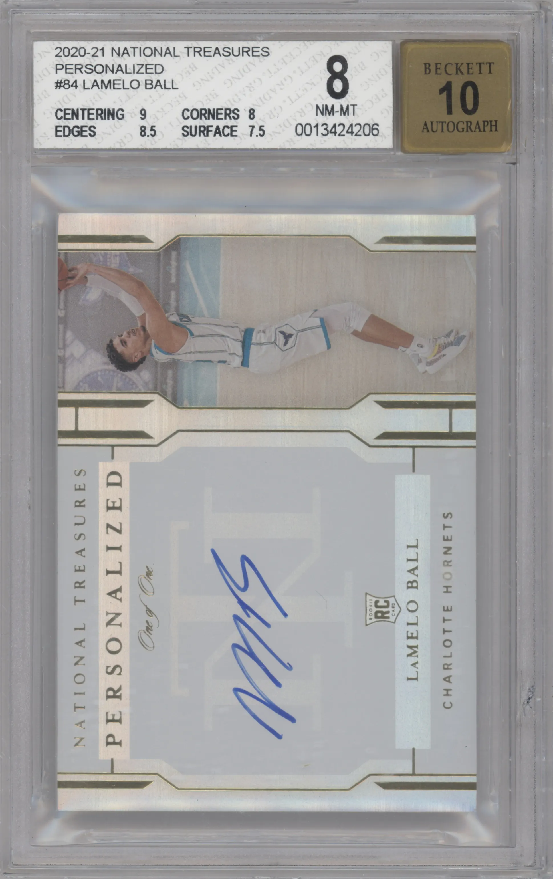 LaMelo Ball from the 2020-21 Panini National Treasures set graded by Beckett and given an overall grade of 8.