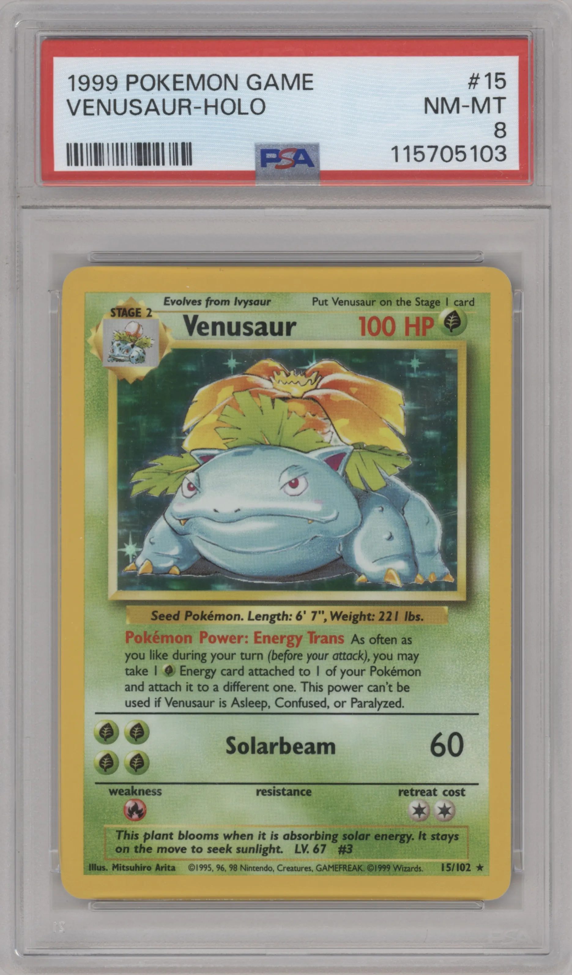 Venusaur from the 1999 Pokemon set graded by PSA and given an overall grade of 8.