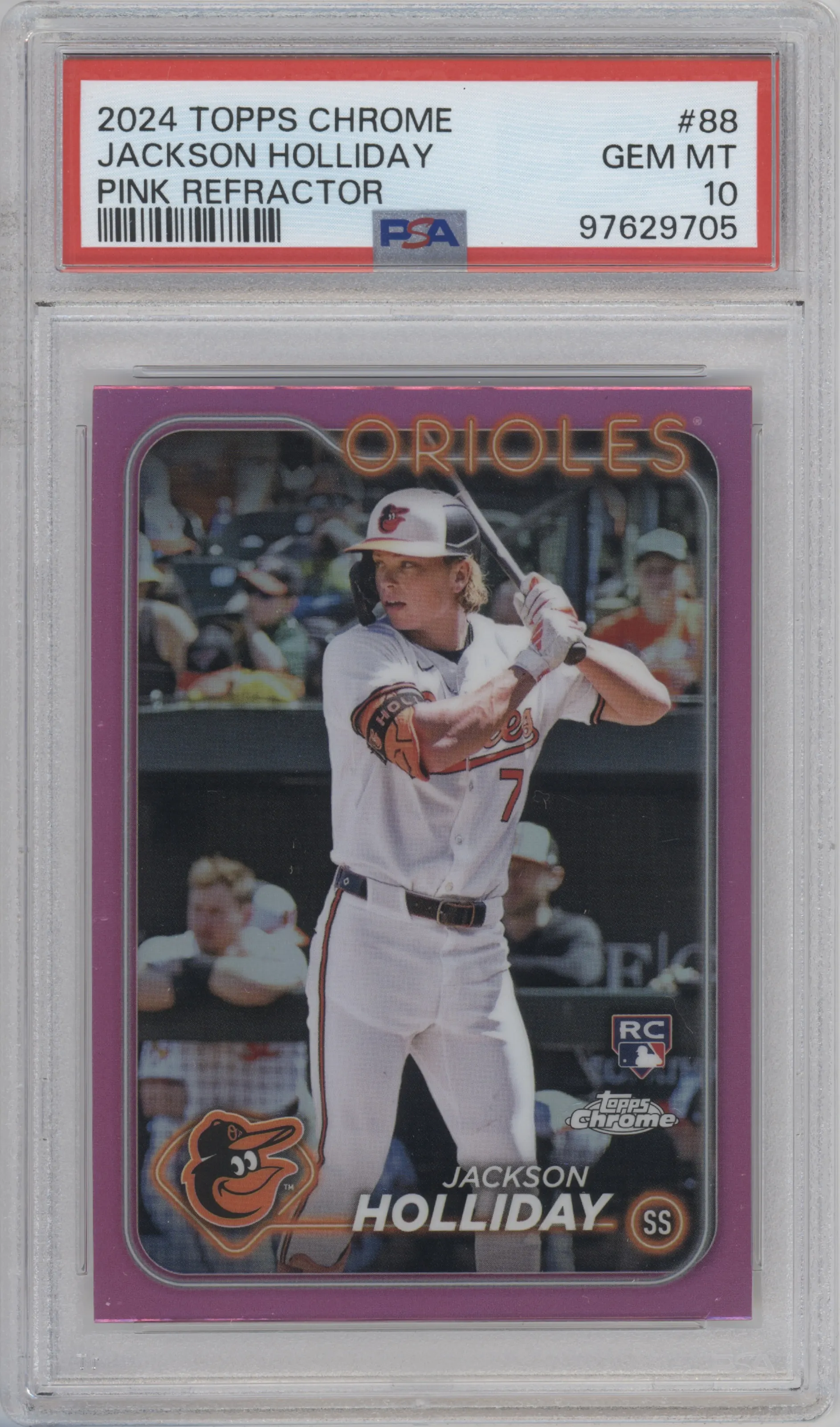 Jackson Holliday from the 2024 Topps Chrome set featuring a Pink Refractor parallel graded by PSA and given an overall grade of 10.