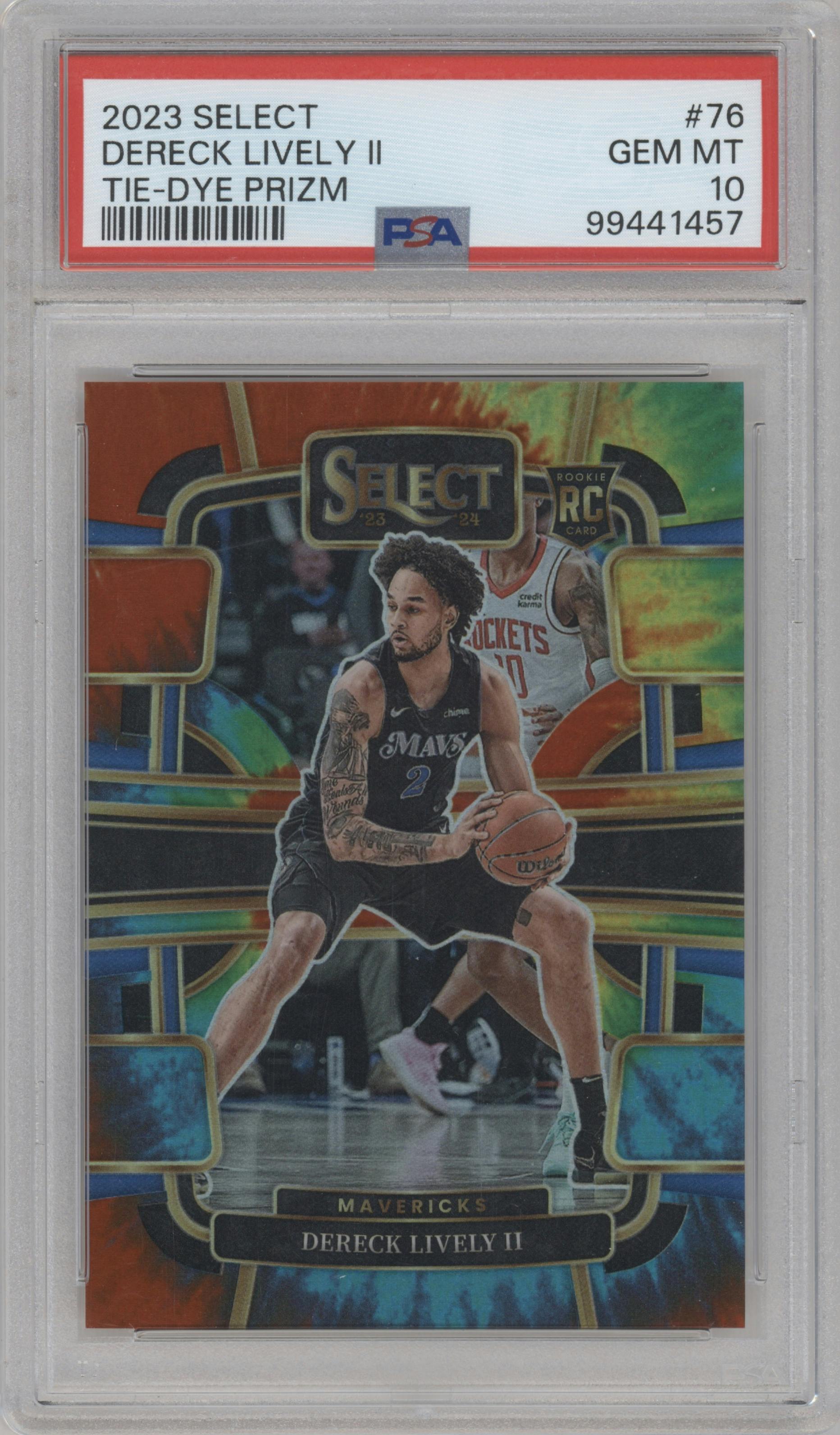 Dereck Lively II  from the 2023-24 Panini Select  set featuring a Tie-Dye Prizm parallel graded by PSA and given an overall grade of 10.