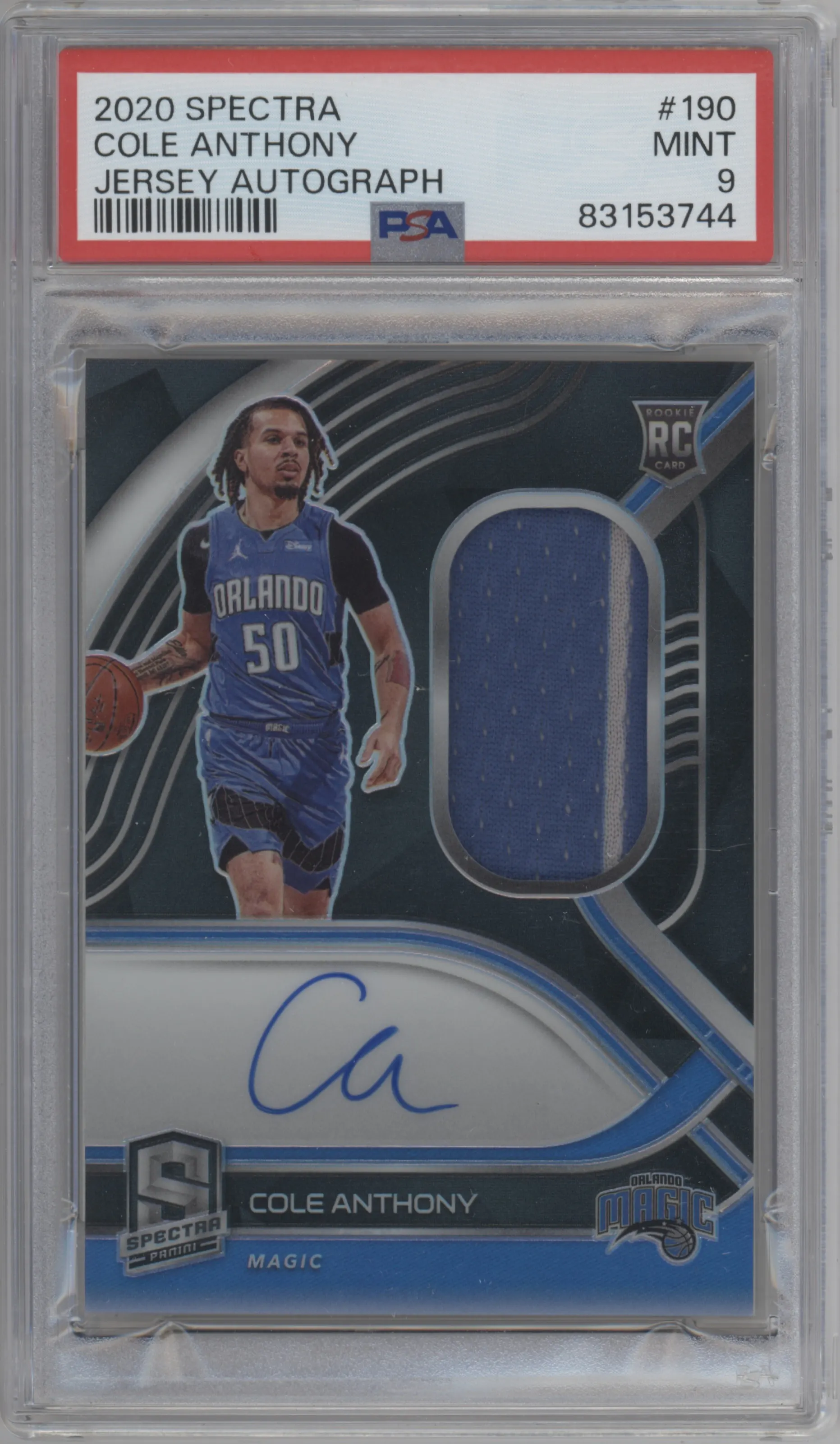 Cole Anthony from the 2020-21 Panini Spectra set graded by PSA and given an overall grade of 9.