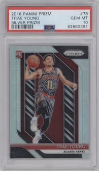 Trae Young from the 2018-19 Panini Prizm set featuring a Silver Prizm parallel graded by PSA and given an overall grade of 10.