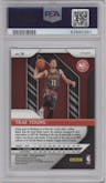 Trae Young from the 2018-19 Panini Prizm set featuring a Silver Prizm parallel graded by PSA and given an overall grade of 10.