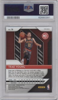 Trae Young from the 2018-19 Panini Prizm set featuring a Silver Prizm parallel graded by PSA and given an overall grade of 10.