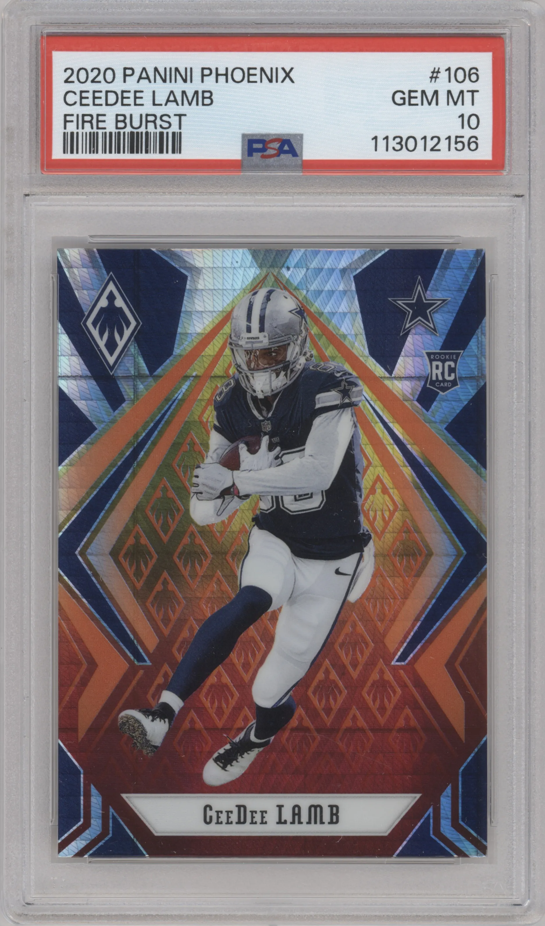 CeeDee Lamb from the 2020 Panini Phoenix set featuring a Fire Burst parallel graded by PSA and given an overall grade of 10.