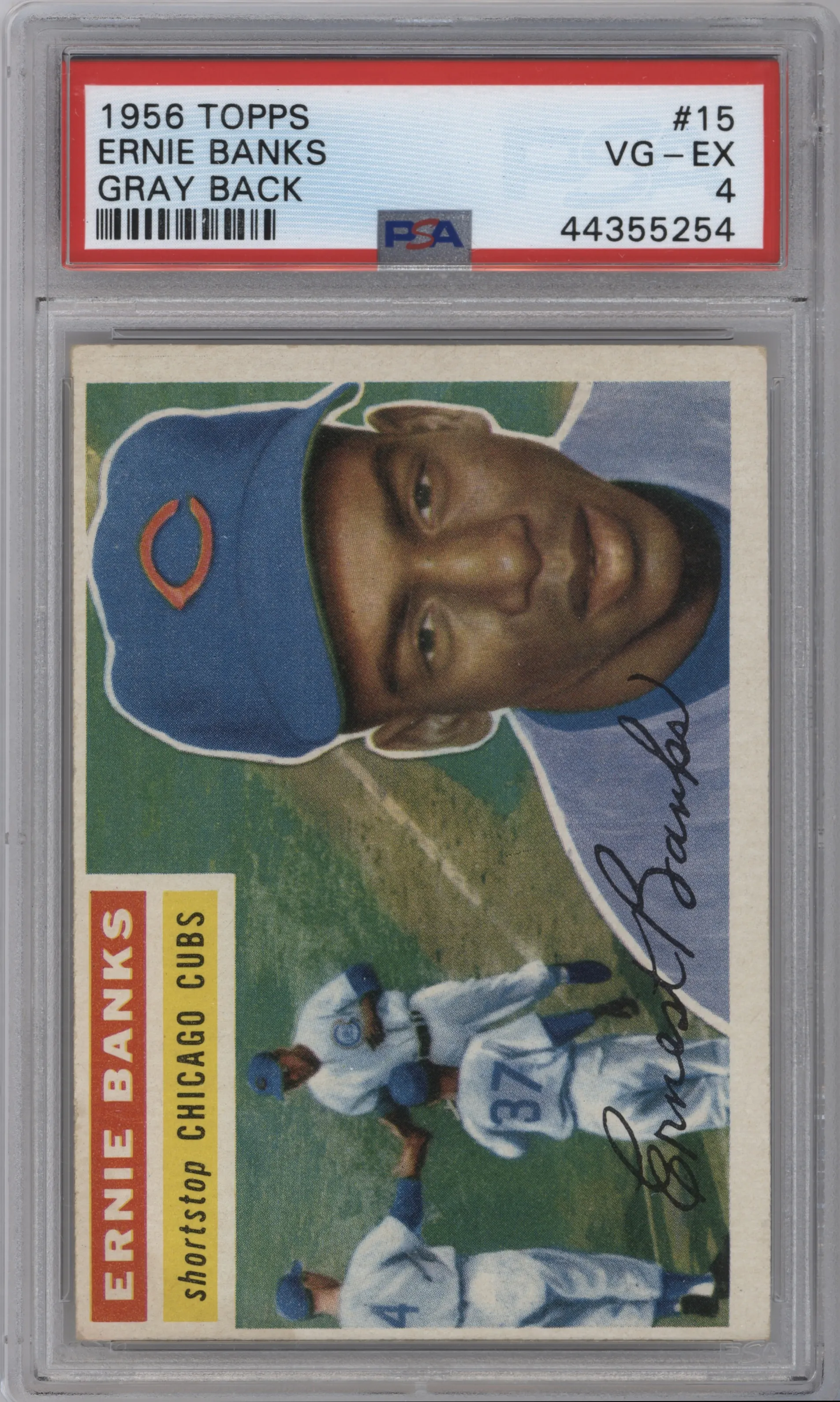 Ernie Banks from the 1956 Topps set featuring a Gray Back parallel graded by PSA and given an overall grade of 4.
