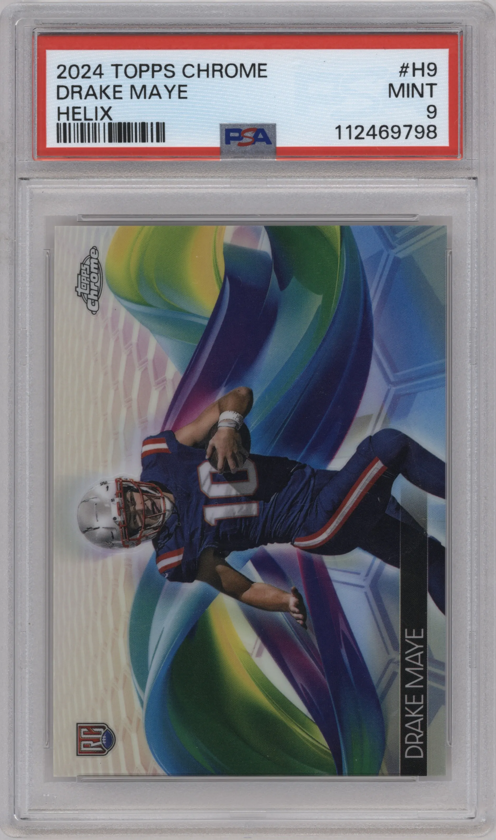 Drake Maye from the 2024 Topps Chrome set graded by PSA and given an overall grade of 9.