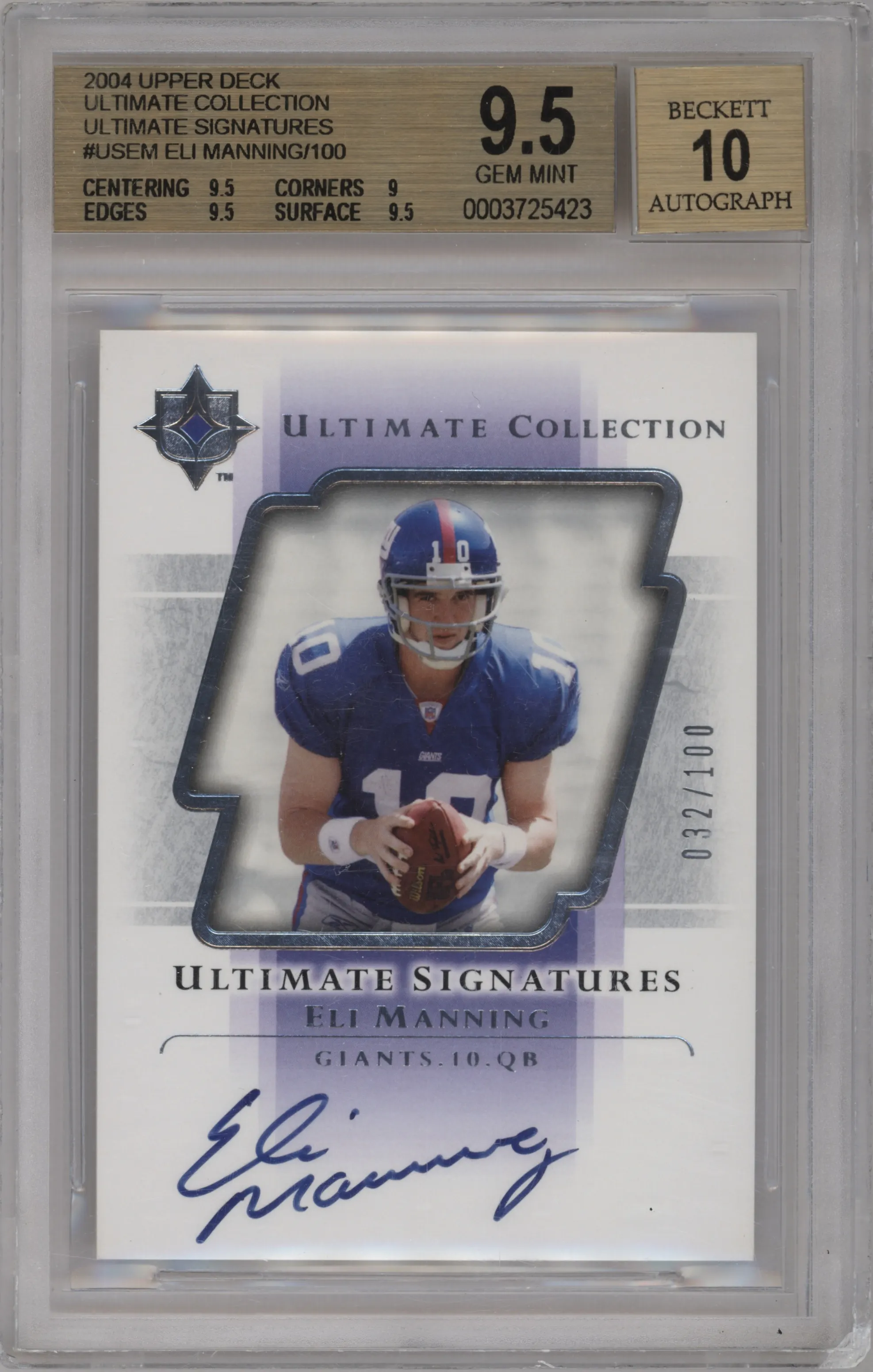 Eli Manning from the 2004 Upper Deck Ultimate Collection set graded by Beckett and given an overall grade of 9.5.