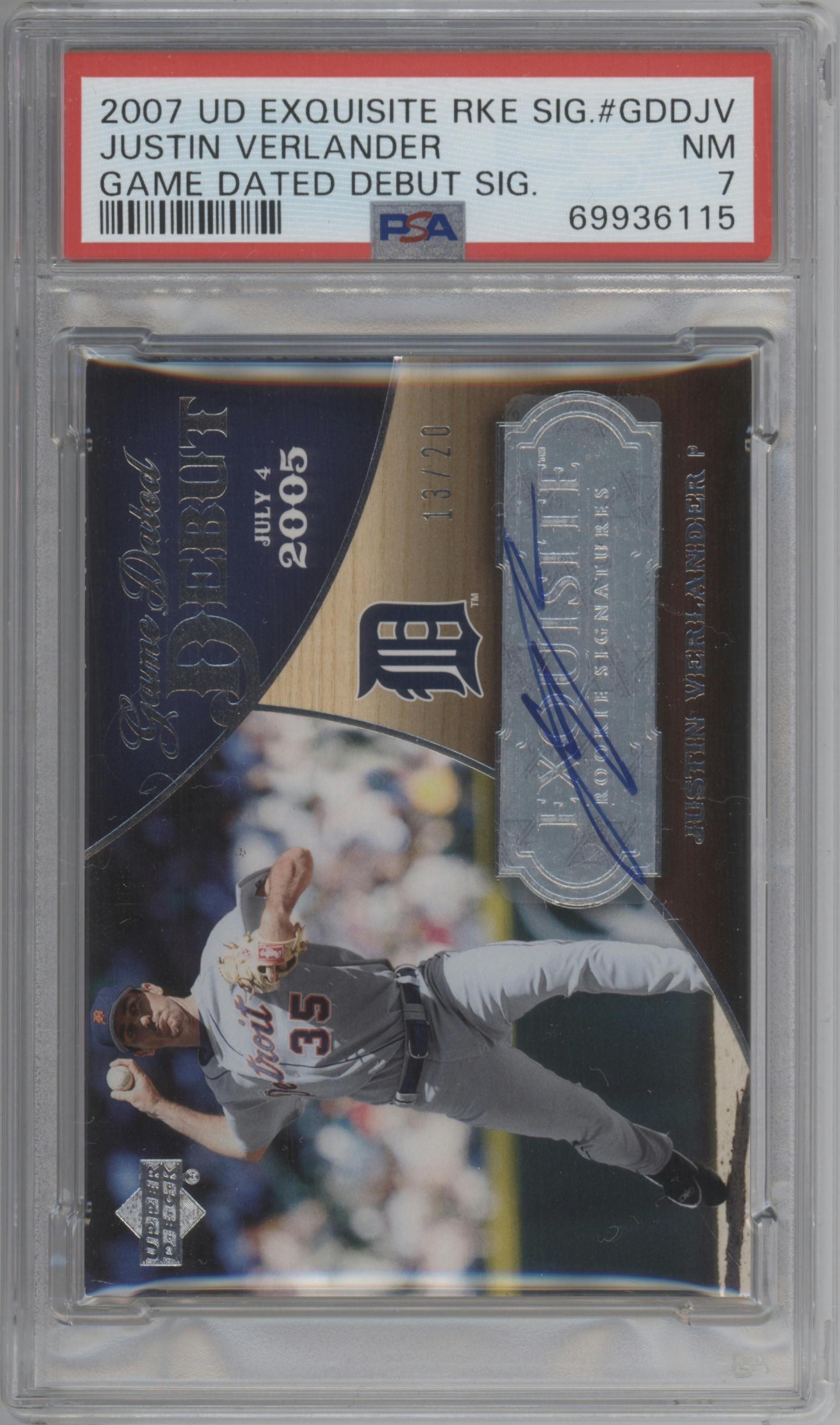 Justin Verlander from the 2007 Upper Deck Exquisite Collection Rookie Signatures set graded by PSA and given an overall grade of 7.