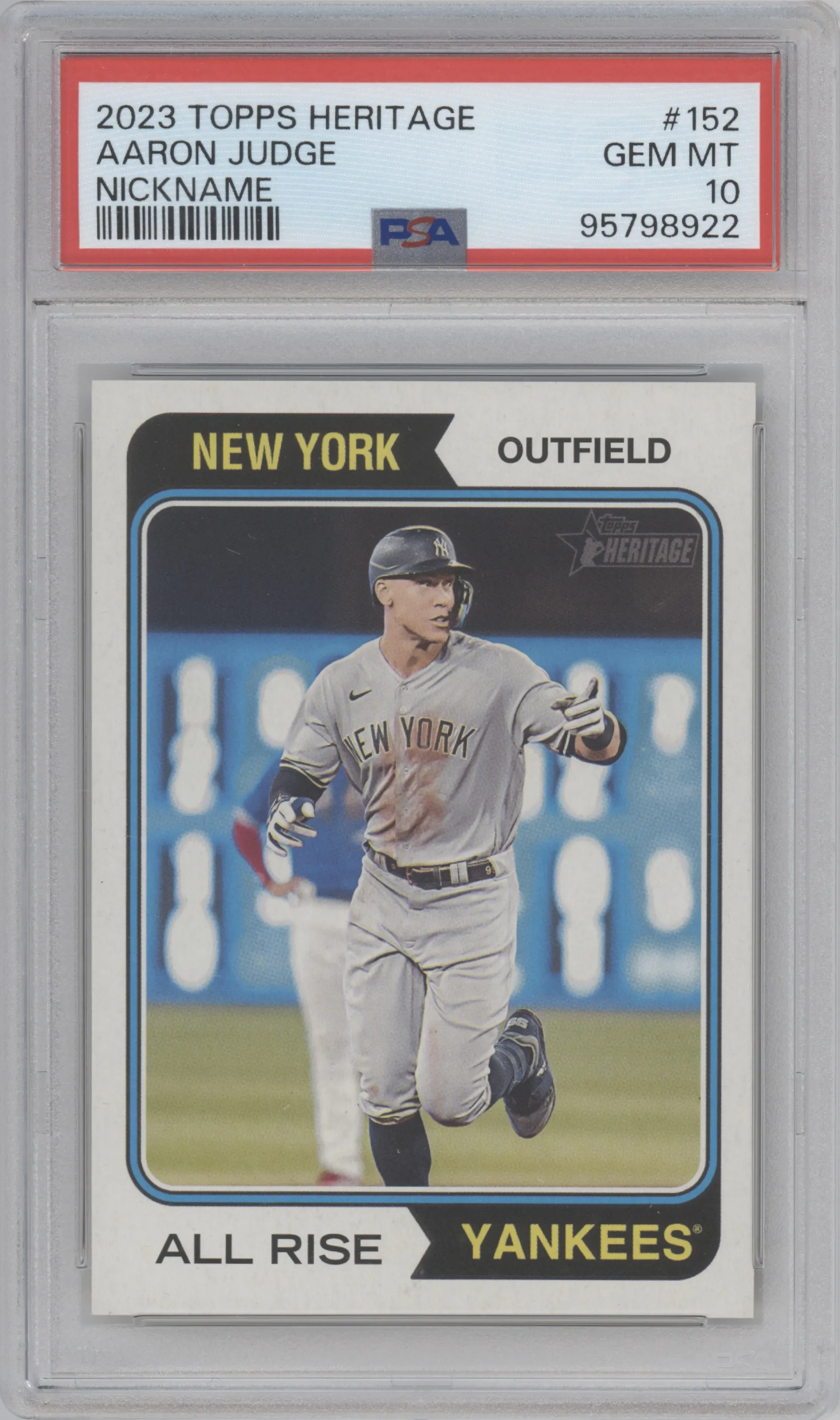 Aaron Judge from the 2023 Topps Heritage set graded by PSA and given an overall grade of 10.