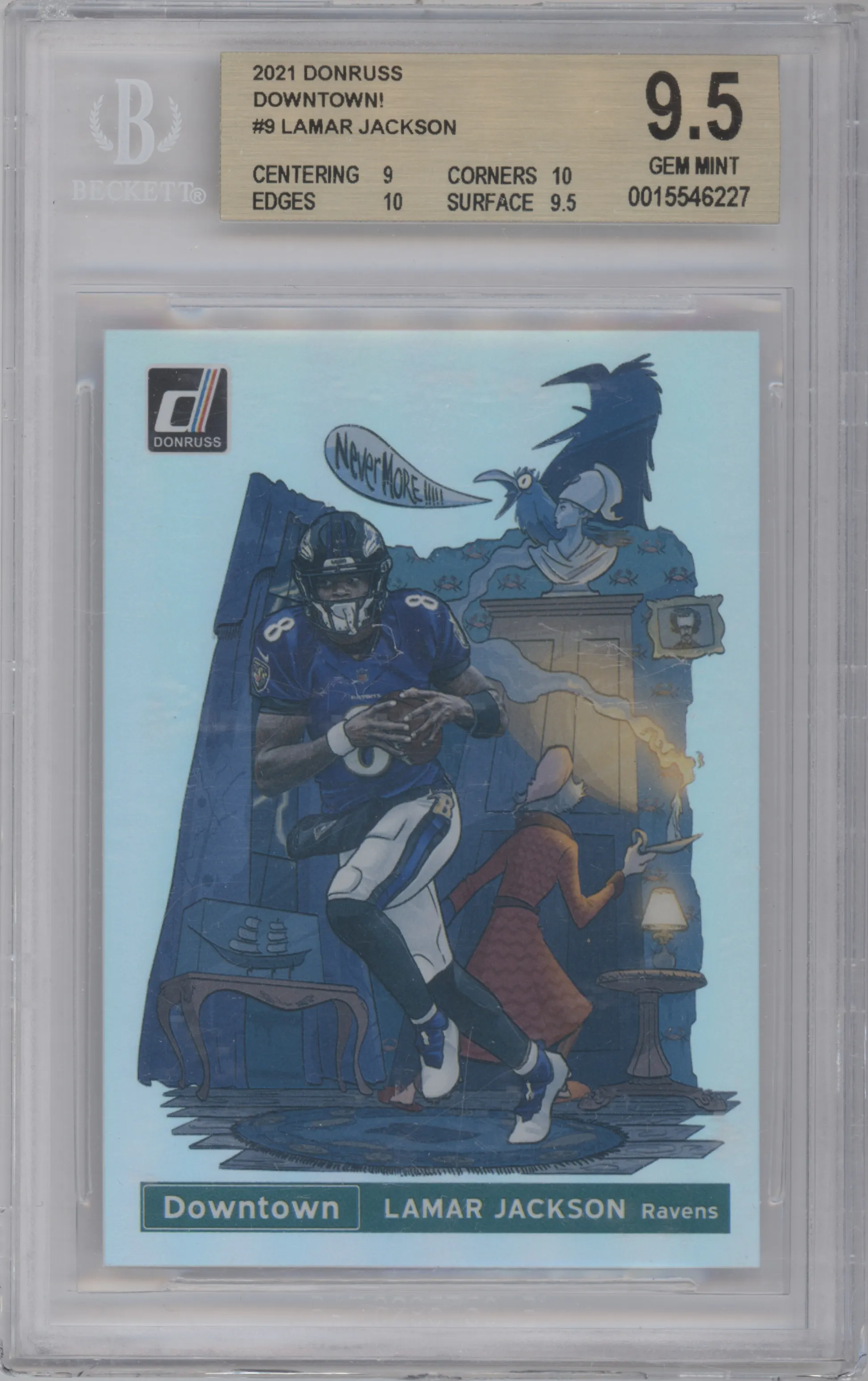 Lamar Jackson from the 2021 Panini Donruss set graded by Beckett and given an overall grade of 9.5.