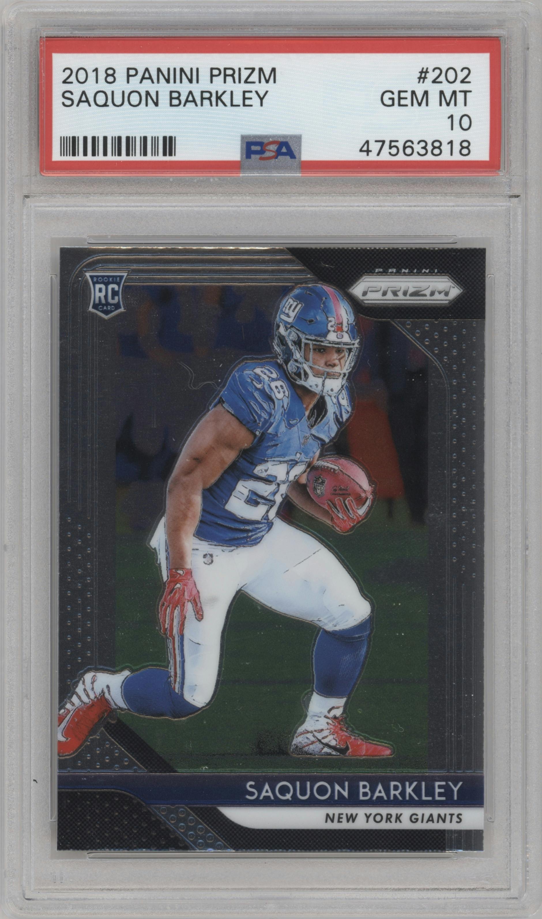 Saquon Barkley from the 2018 Panini Prizm set graded by PSA and given an overall grade of 10.