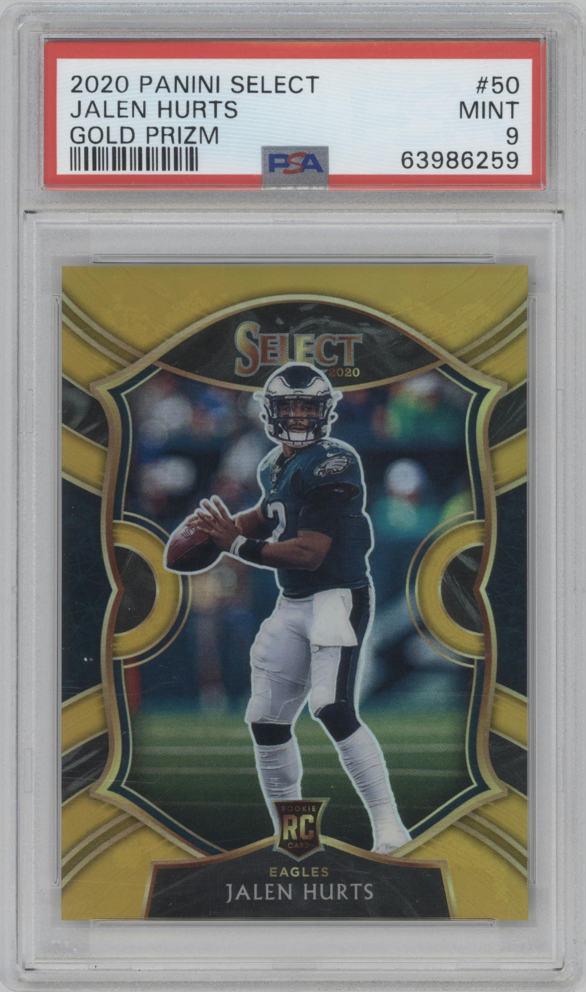 Jalen Hurts from the 2020 Panini Select set featuring a Gold Prizm parallel graded by PSA and given an overall grade of 9.