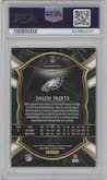 Jalen Hurts from the 2020 Panini Select set featuring a Gold Prizm parallel graded by PSA and given an overall grade of 9.