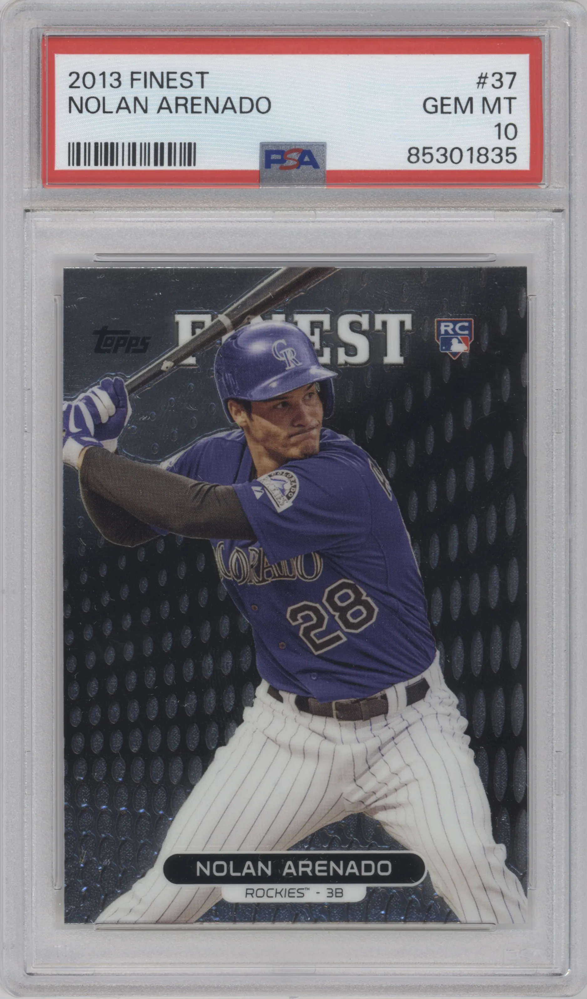 Nolan Arenado from the 2013 Topps Finest set graded by PSA and given an overall grade of 10.