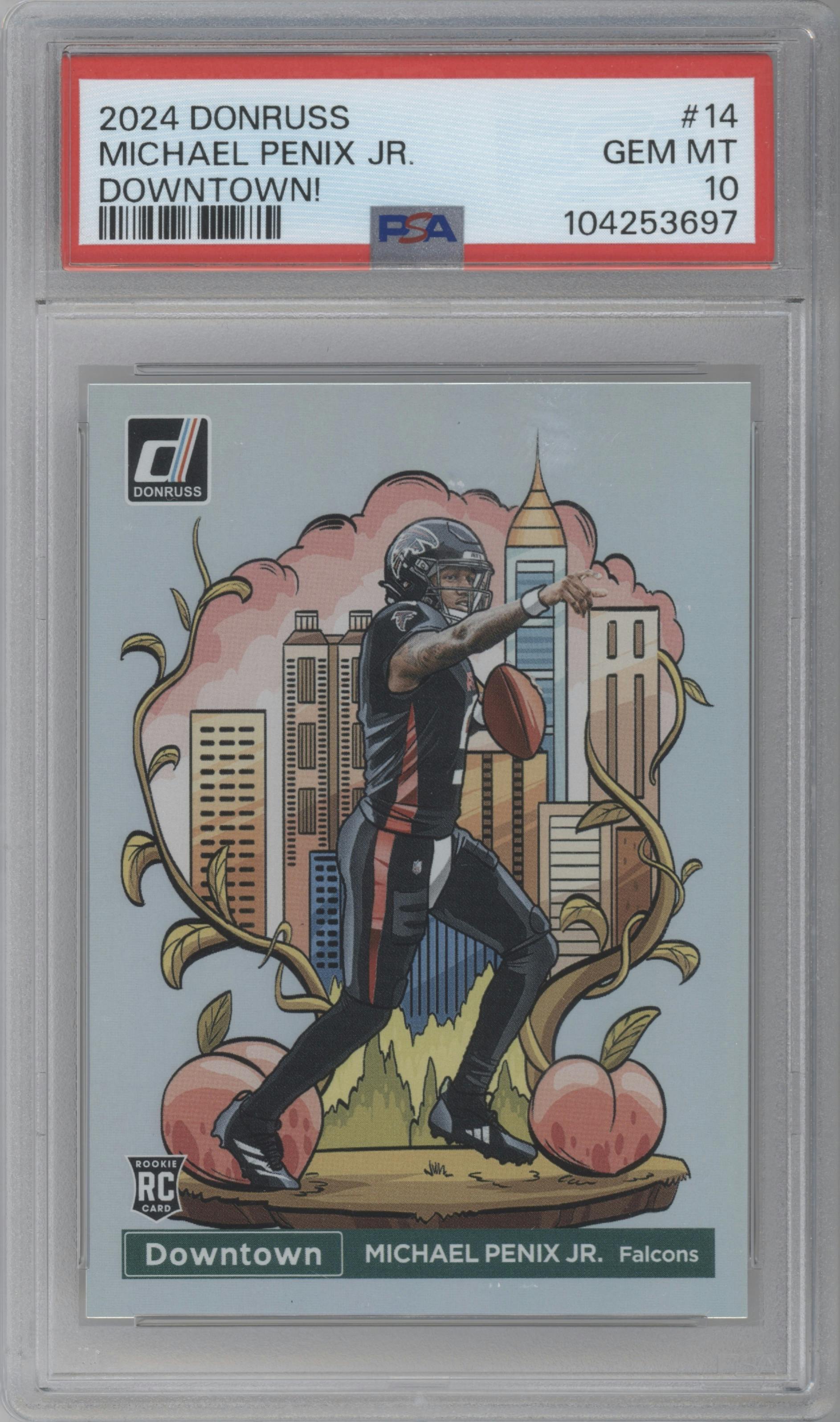 Michael Penix Jr. from the 2024 Donruss set graded by PSA and given an overall grade of 10.