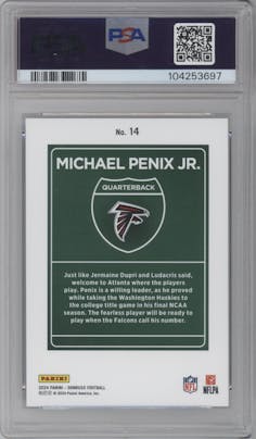 Michael Penix Jr. from the 2024 Donruss set graded by PSA and given an overall grade of 10.