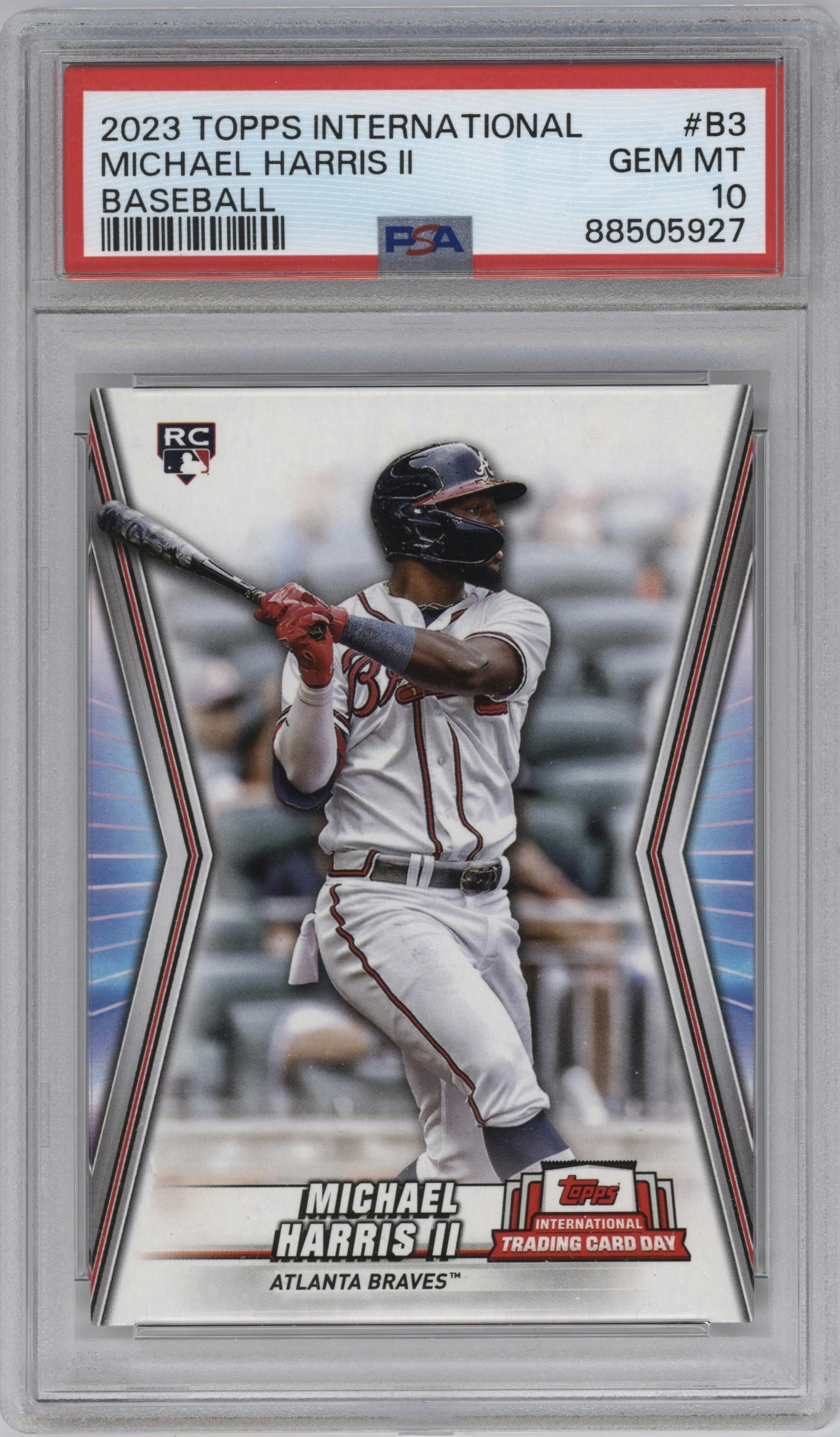 Michael Harris II from the 2023 Topps International Trading Card Day Promo Cards set graded by PSA and given an overall grade of 10.