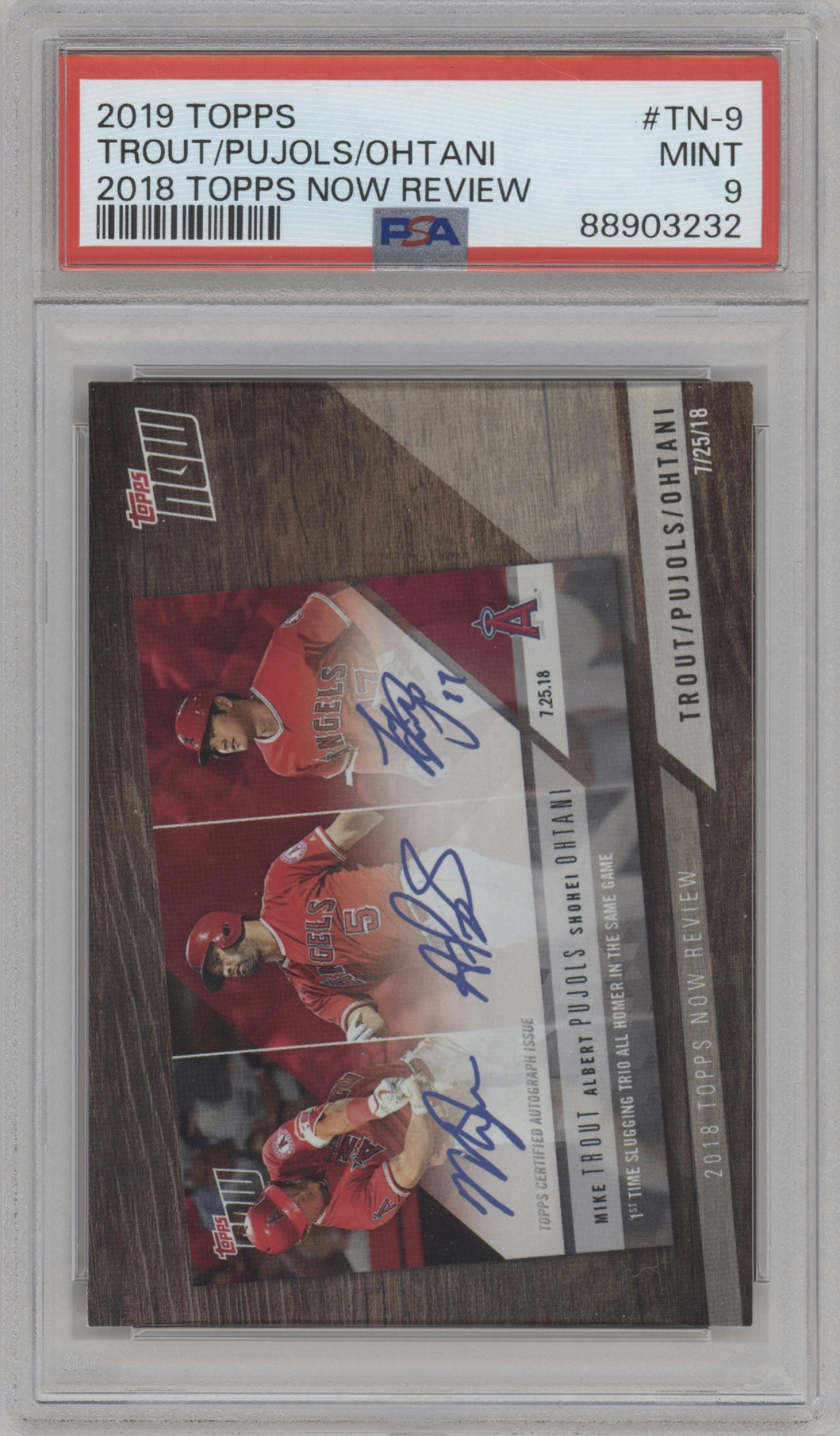 Mike Trout/Albert Pujols/Shohei Ohtani from the 2019 Topps Series 1 set graded by PSA and given an overall grade of 9.