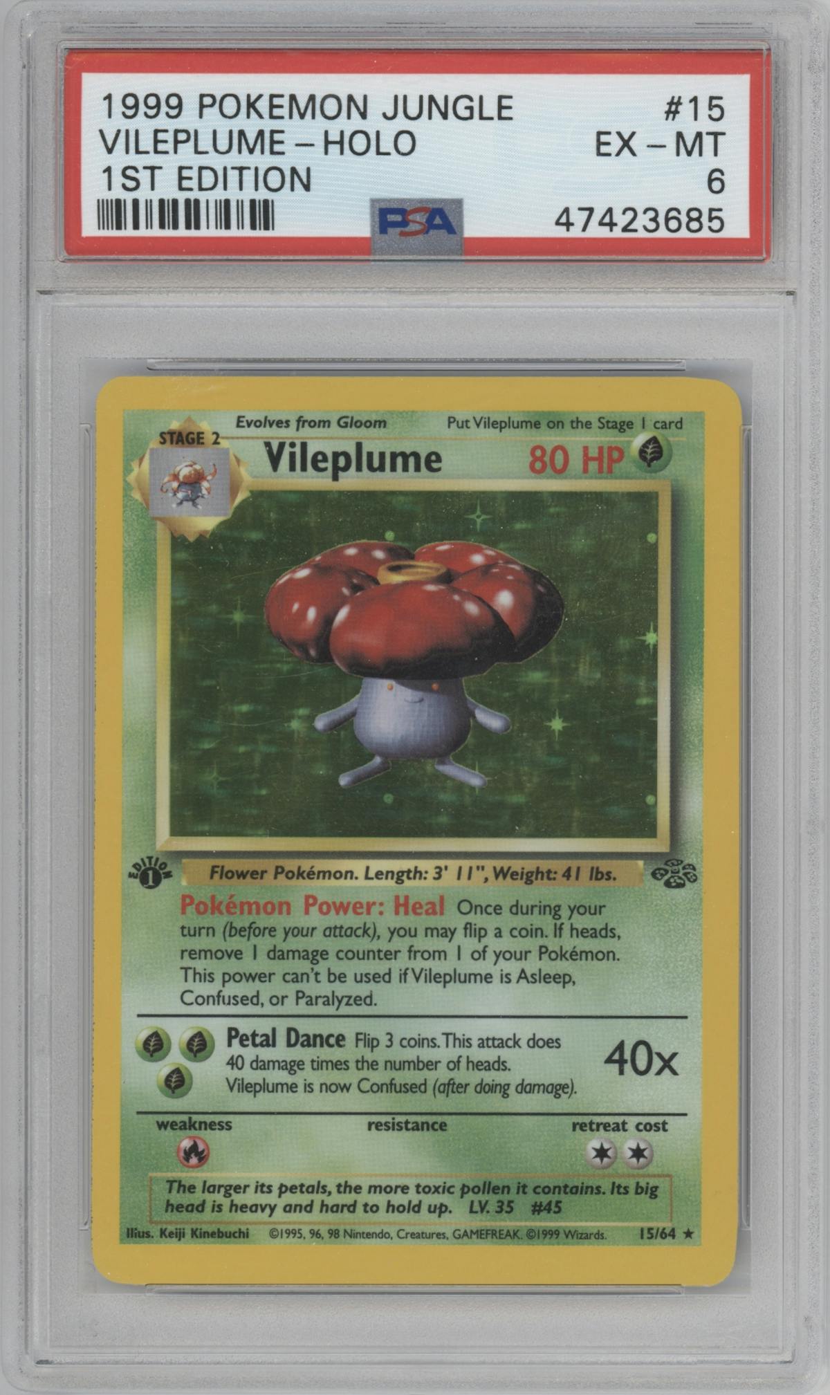 Vileplume from the 1999 Pokemon set graded by PSA and given an overall grade of 6.