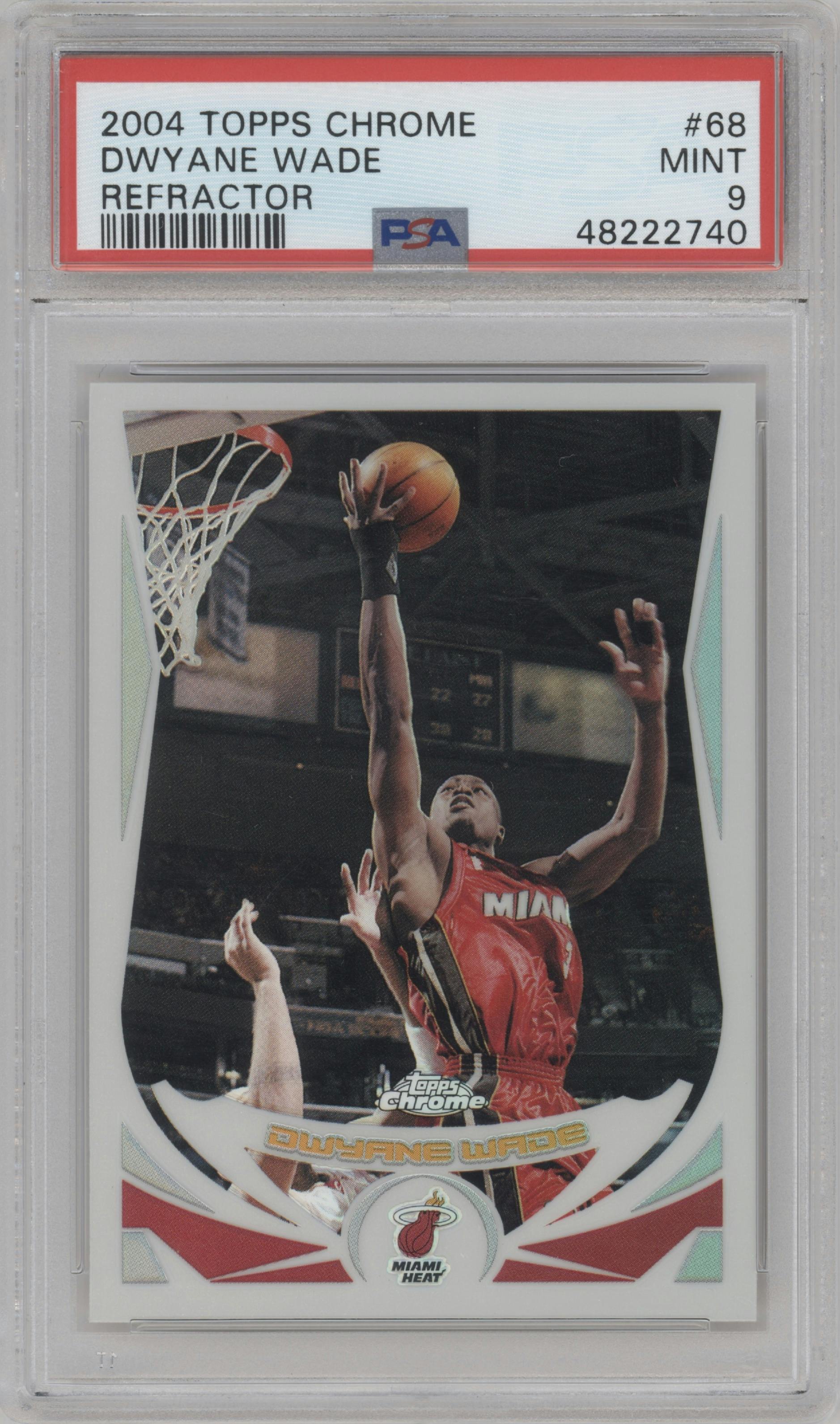Dwyane Wade from the 2004-05 Topps Chrome set featuring a Refractor parallel graded by PSA and given an overall grade of 9.